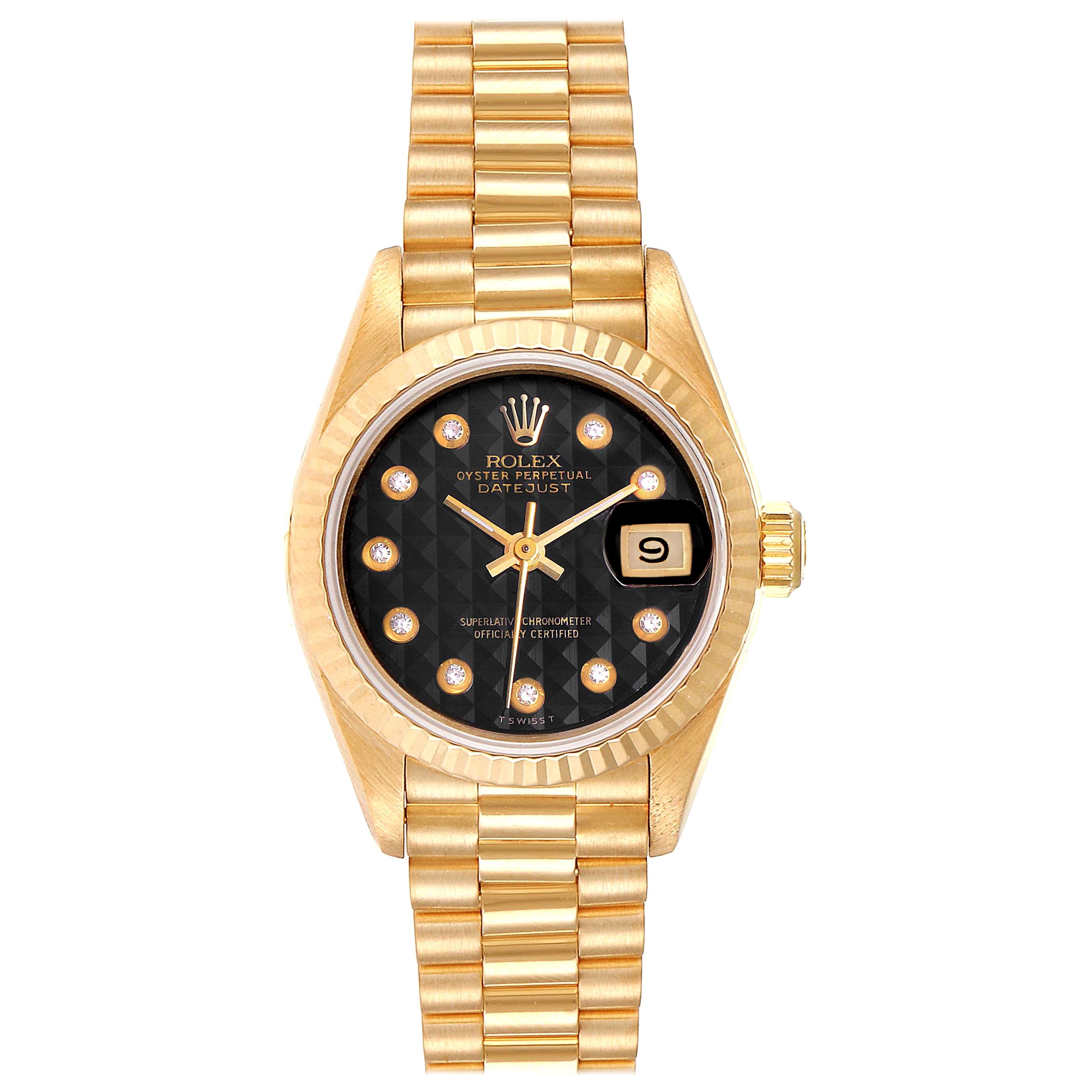 Rolex President Datejust Yellow Gold Onyx Diamond Dial Ladies Watch 69178 For Sale