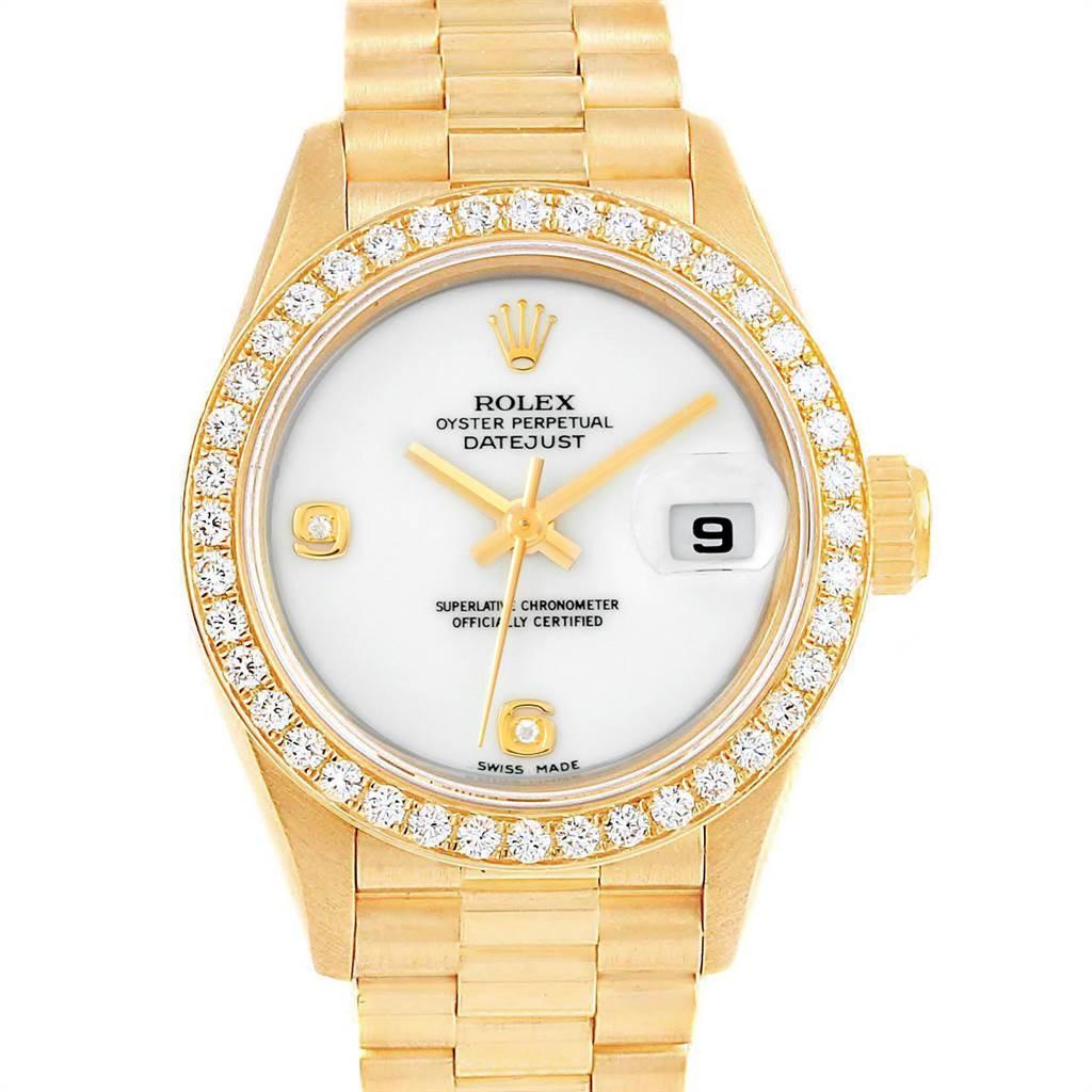 Rolex President Datejust Yellow Gold Onyx Diamond Ladies Watch 69178. Officially certified chronometer automatic self-winding movement. 18k yellow gold oyster case 26.0 mm in diameter. Rolex logo on a crown. Original Rolex factory 18k yellow gold
