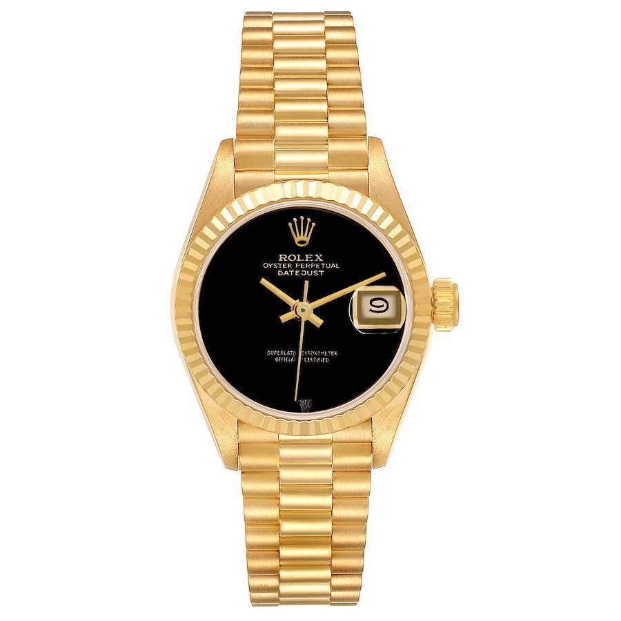 Rolex President Datejust Yellow Gold Onyx Stone Dial Ladies Watch 69178. Officially certified chronometer self-winding movement. 18k yellow gold oyster case 26.0 mm in diameter. Rolex logo on a crown. 18k yellow gold fluted bezel. Scratch resistant