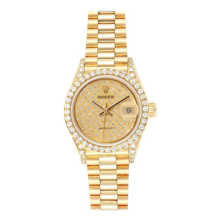 Rolex President Datejust Yellow Gold Pave Diamond Ladies Watch 69038 ...