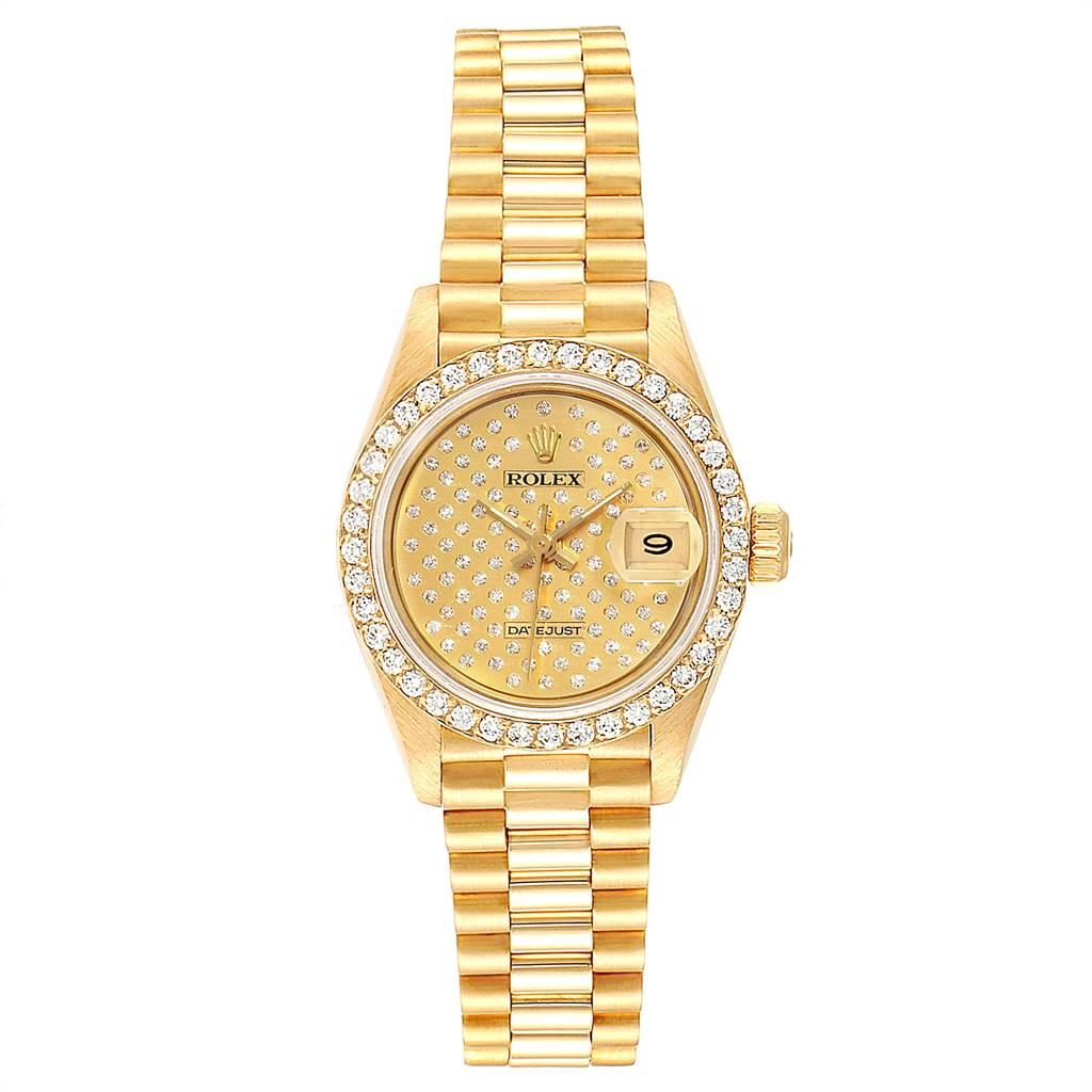 Rolex President Datejust Yellow Gold Pave Diamond Ladies Watch 69138. Officially certified chronometer automatic self-winding movement. 18k yellow gold oyster case 26.0 mm in diameter. Rolex logo on a crown. Original Rolex factory diamond bezel.