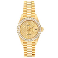 Rolex President Datejust Yellow Gold Pave Diamond Ladies Watch 69138