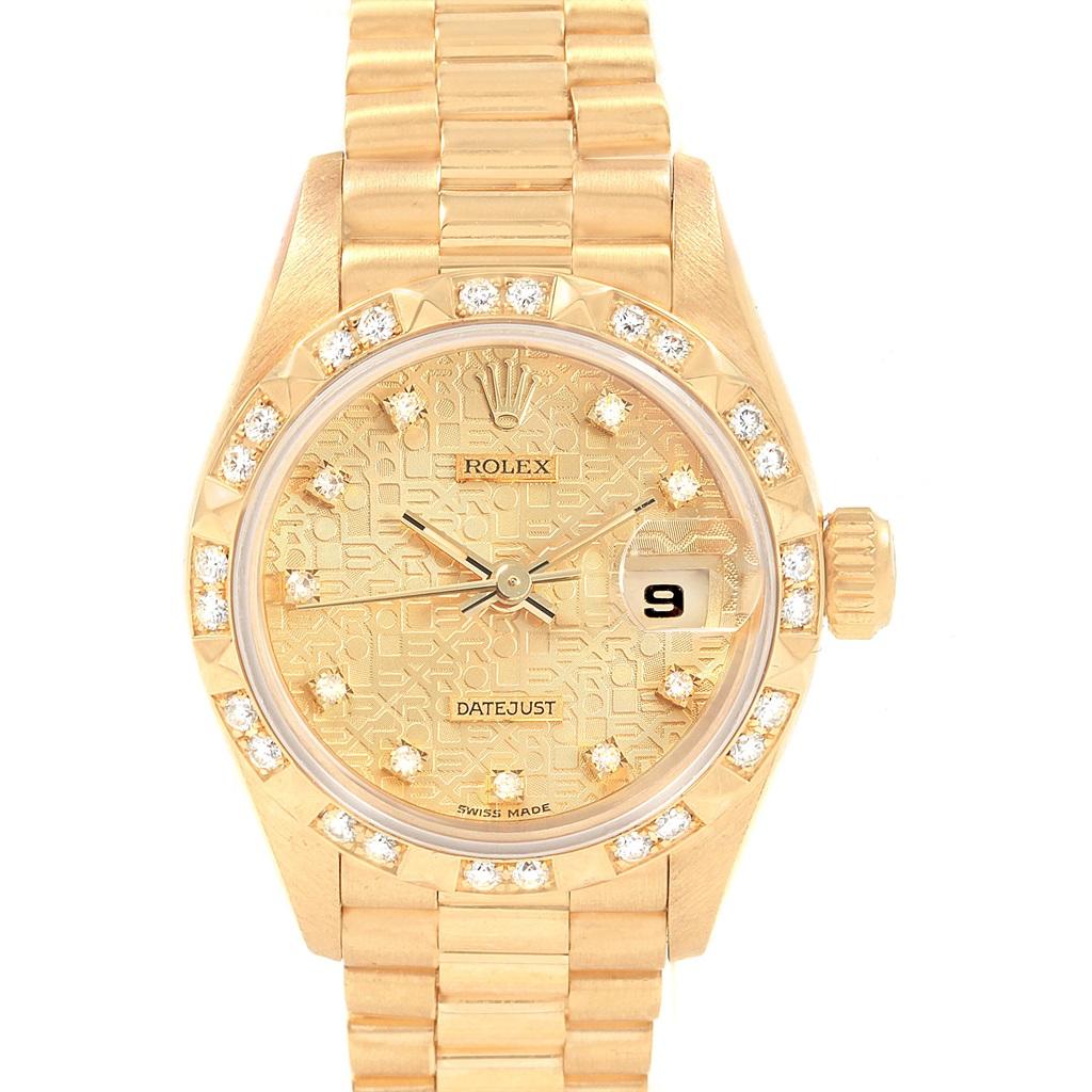 Rolex President Datejust Yellow Gold Pyramid Diamond Bezel Watch 69178. Officially certified chronometer self-winding movement. 18k yellow gold oyster case 26.0 mm in diameter. Rolex logo on a crown. 18k yellow gold original Rolex factory pyramid