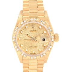 Rolex President Datejust Yellow Gold Pyramid Diamond Bezel Watch 69178