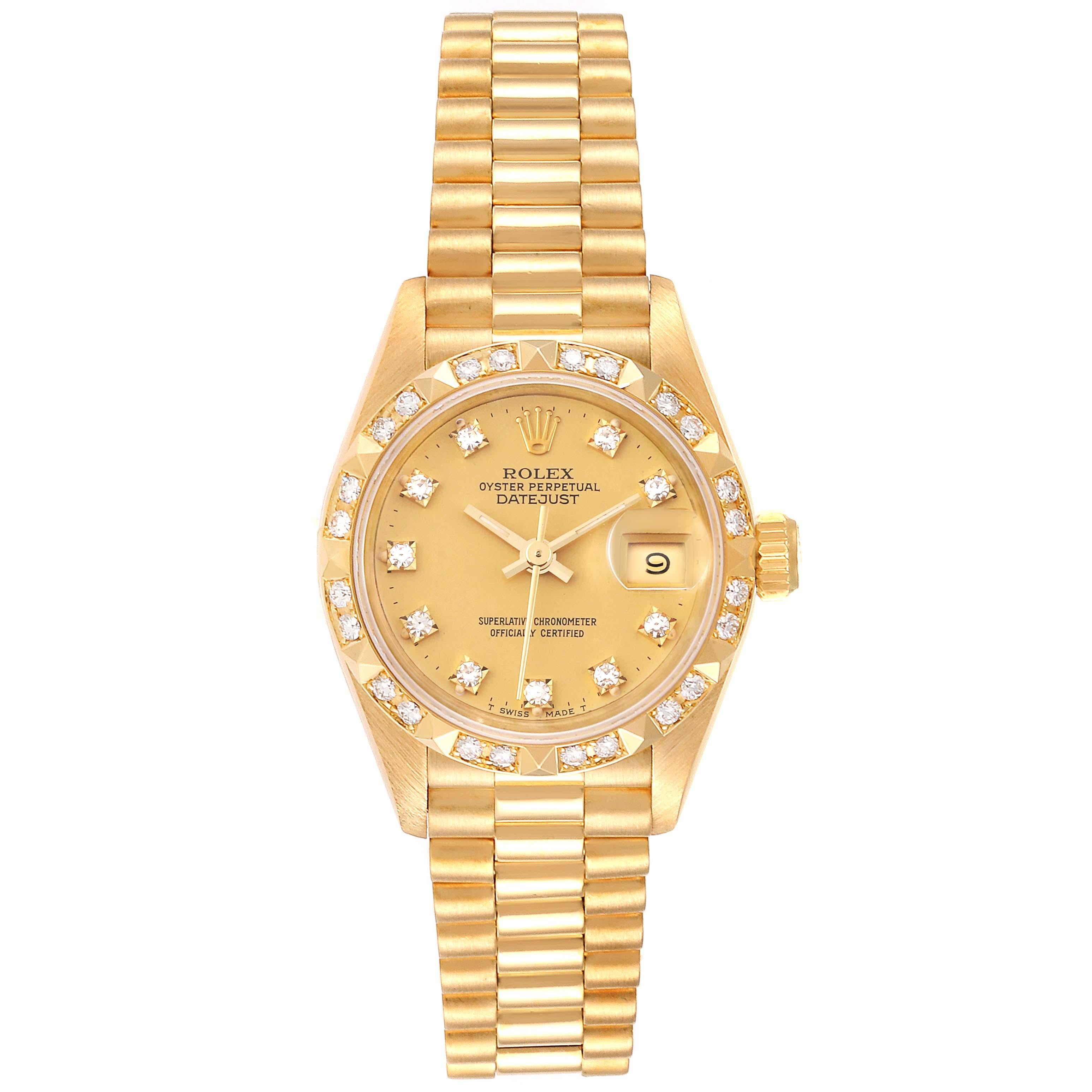 Rolex President Datejust Yellow Gold Pyramid Diamond Bezel Watch 69258. Officially certified chronometer self-winding movement. 18k yellow gold oyster case 26.0 mm in diameter. Rolex logo on a crown. Original Rolex factory 18k yellow gold pyramid