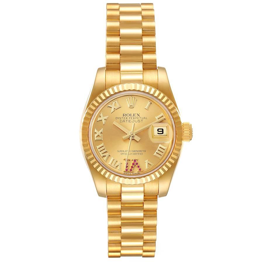 Rolex President Datejust Yellow Gold Ruby Ladies Watch 179178 Box Card. Officially certified chronometer self-winding movement. 18k yellow gold oyster case 26.0 mm in diameter. Rolex logo on a crown. 18k yellow gold fluted bezel. Scratch resistant