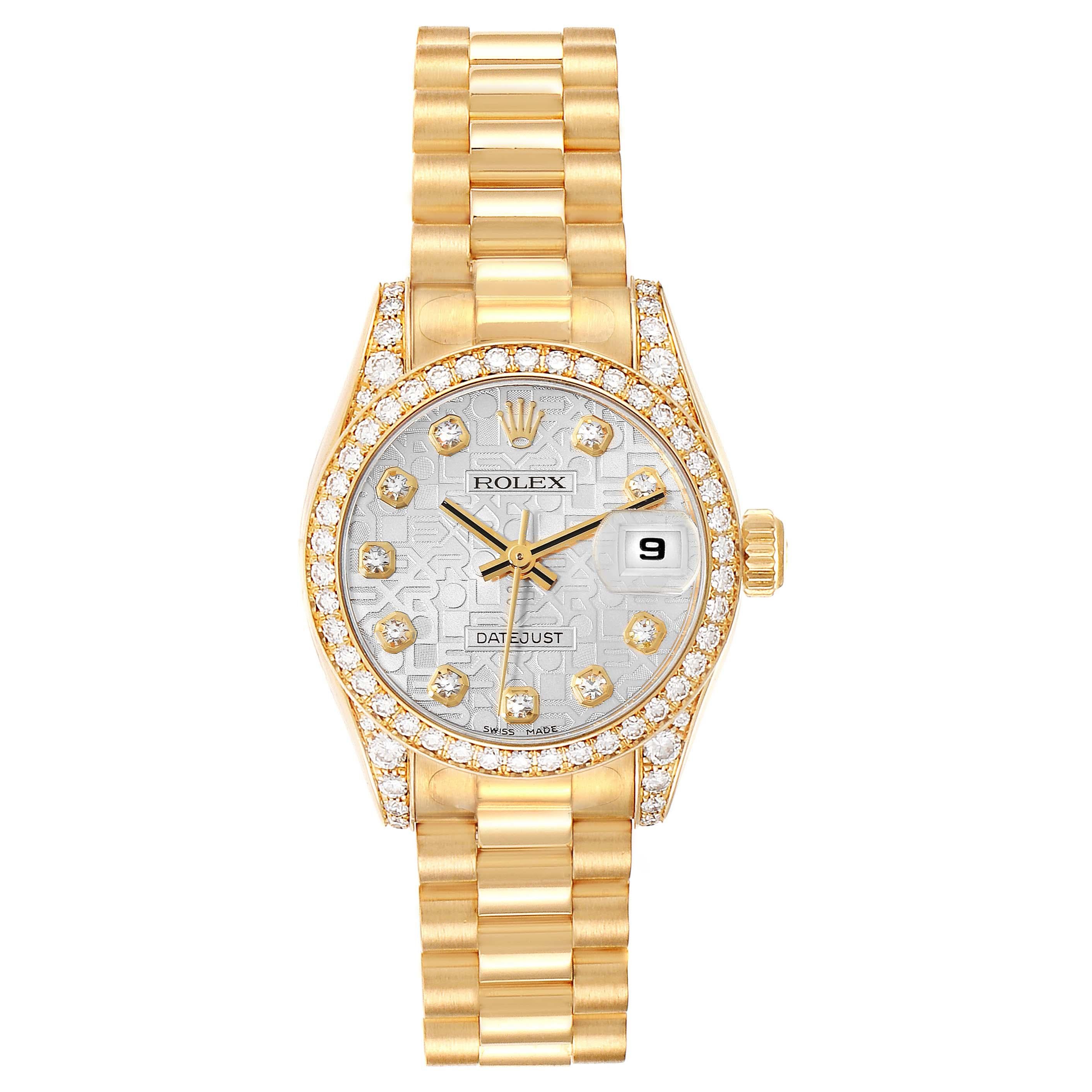 Rolex President Datejust Yellow Gold Silver Diamond Dial Ladies Watch 179158. Officially certified chronometer automatic self-winding movement. 18k yellow gold oyster case 26.0 mm in diameter. Rolex logo on the crown. Original Rolex factory diamond