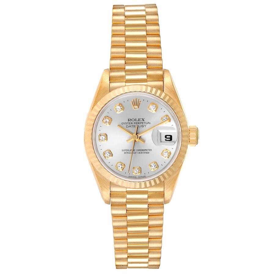 Rolex President Datejust Yellow Gold Silver Diamond Dial Ladies Watch 69178. Officially certified chronometer self-winding movement. 18k yellow gold oyster case 26.0 mm in diameter. Rolex logo on a crown. 18k yellow gold fluted bezel. Scratch