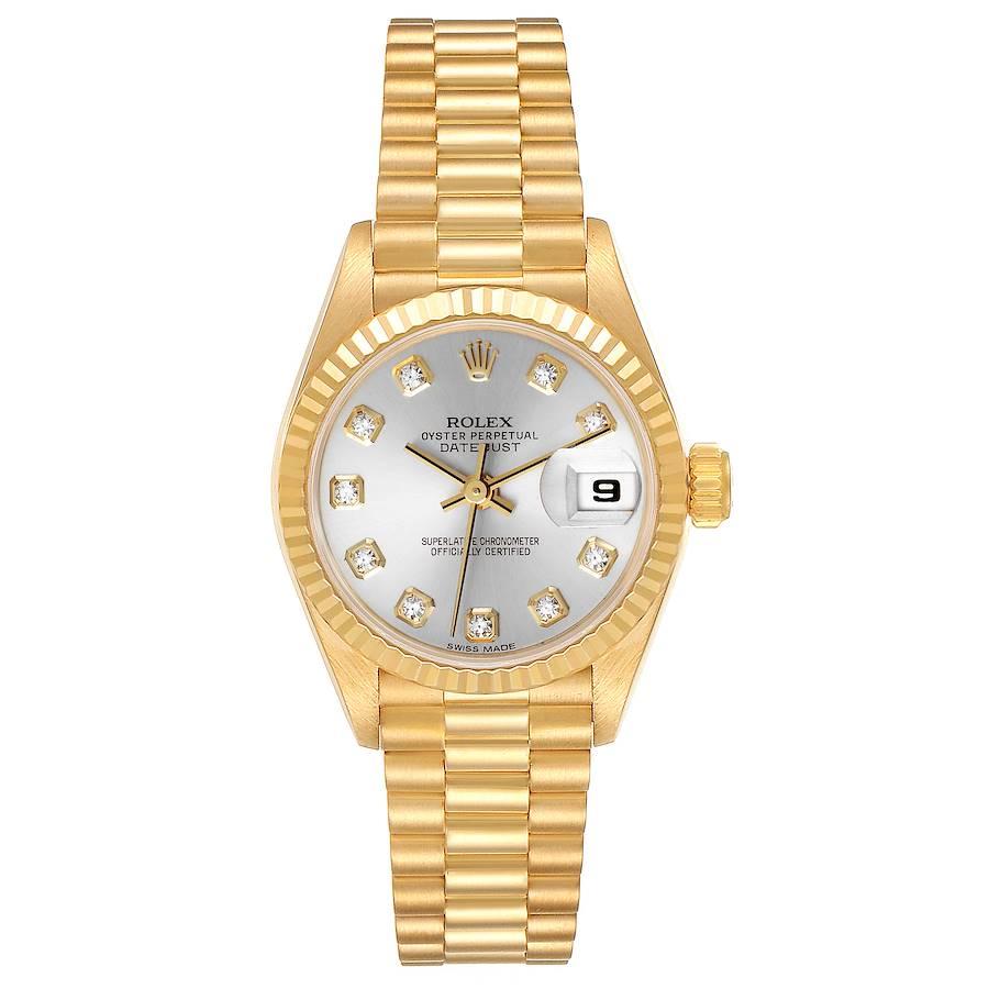 Rolex President Datejust Yellow Gold Silver Diamond Dial Ladies Watch 69178. Officially certified chronometer self-winding movement. 18k yellow gold oyster case 26.0 mm in diameter. Rolex logo on a crown. 18k yellow gold fluted bezel. Scratch
