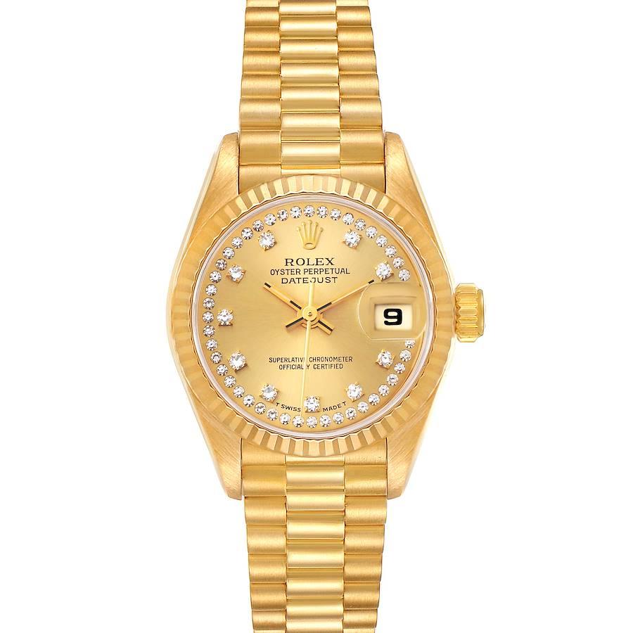 Rolex President Datejust Yellow Gold String Diamond Dial Ladies Watch 69178. Officially certified chronometer self-winding movement. 18k yellow gold oyster case 26.0 mm in diameter. Rolex logo on a crown. 18k yellow gold fluted bezel. Scratch