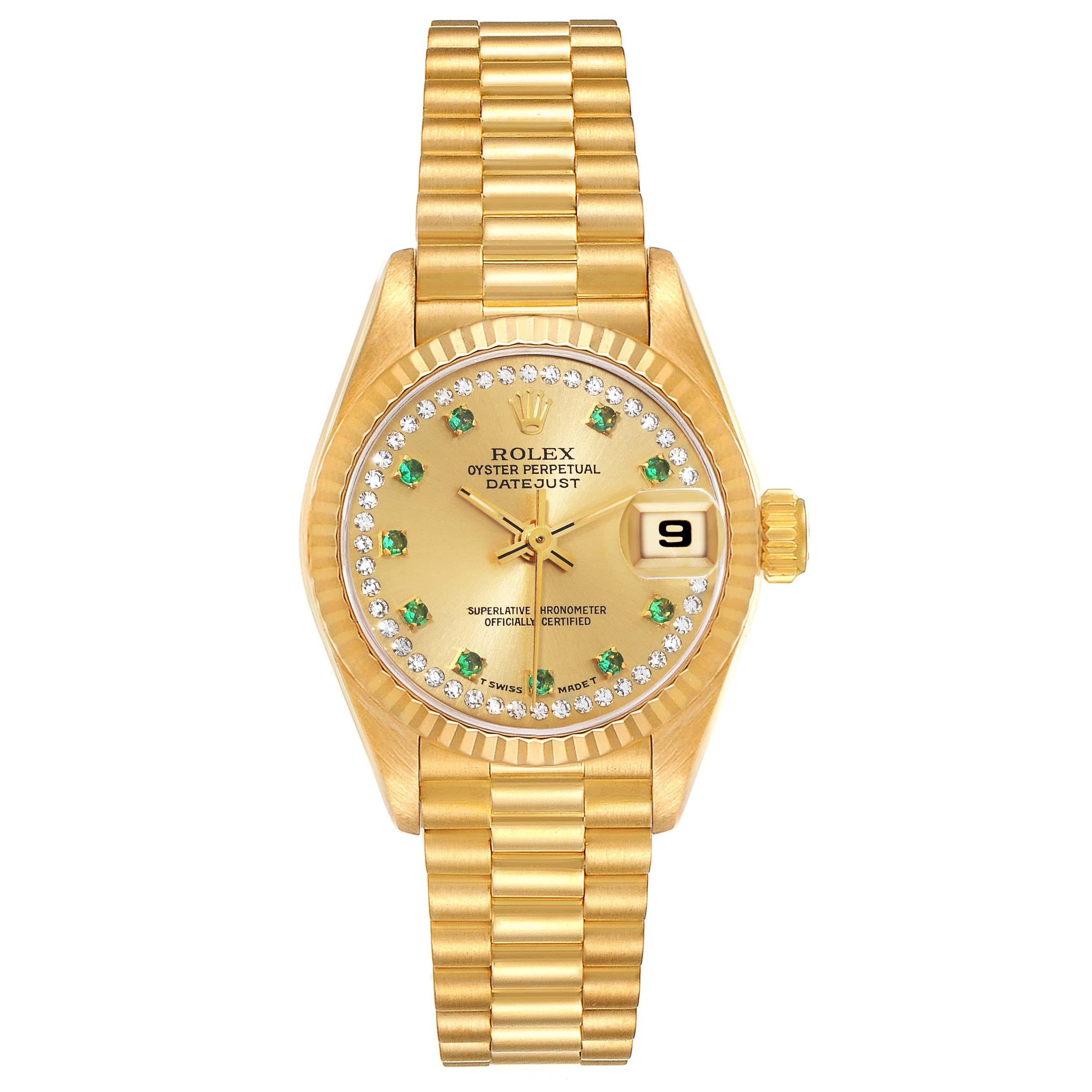 Rolex President Datejust Yellow Gold String Diamond Emerald Ladies Watch 69178. Officially certified chronometer automatic self-winding movement. 18k yellow gold oyster case 26.0 mm in diameter. Rolex logo on a crown. 18k yellow gold fluted bezel.
