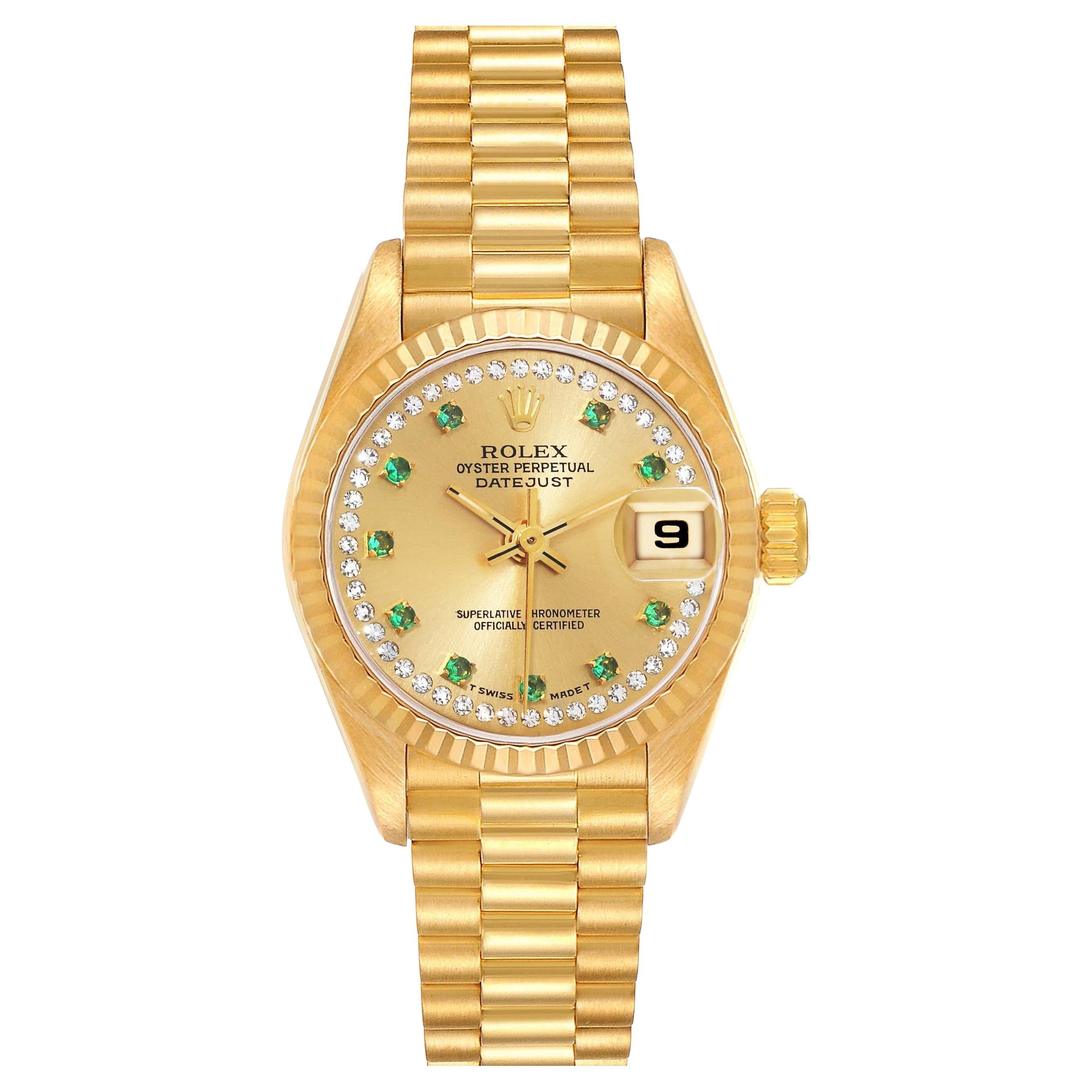 Rolex President Datejust Yellow Gold String Diamond Emerald Ladies Watch 69178