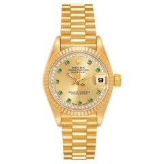 Rolex President Datejust Yellow Gold String Diamond Emerald Ladies Watch 69178