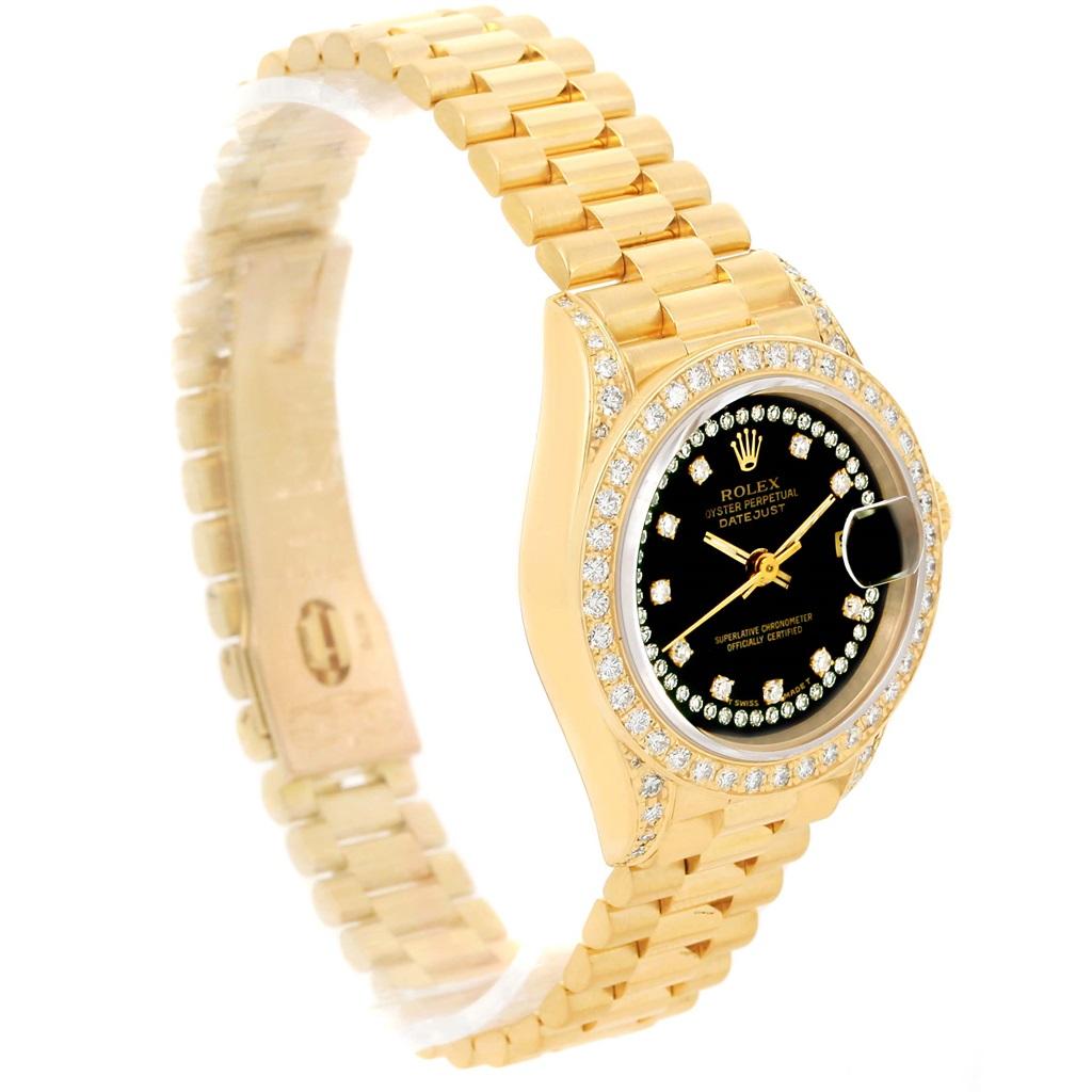 Rolex President Datejust Yellow Gold String Diamond Ladies Watch 69238. Officially certified chronometer self-winding movement. 18k yellow gold oyster case 26.0 mm in diameter. Rolex logo on a crown. Scratch resistant sapphire crystal with cyclops
