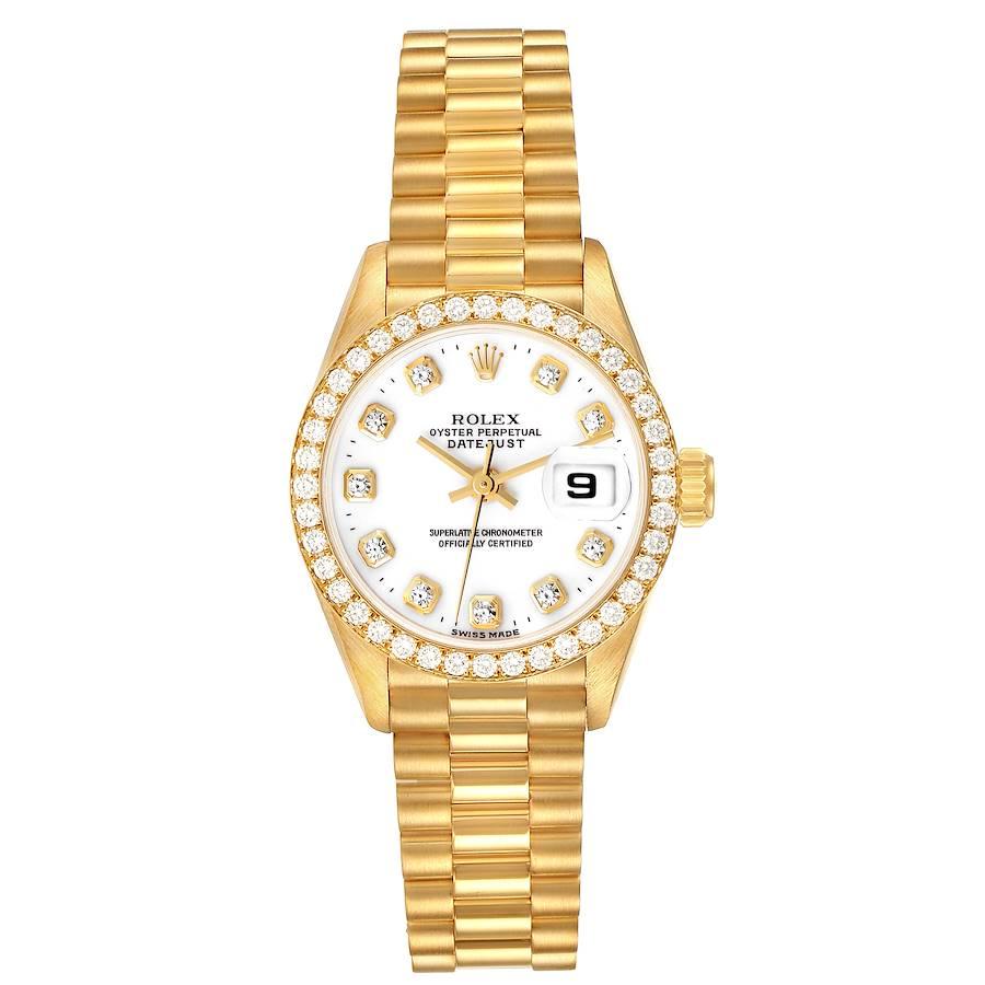 Rolex President Datejust Gelbgold Weißes Diamant-Zifferblatt Uhr 69138. Offiziell zertifiziertes Chronometerwerk mit automatischem Aufzug. Oyster-Gehäuse aus 18 Karat Gelbgold mit einem Durchmesser von 26,0 mm. Rolex Logo auf einer Krone. Original
