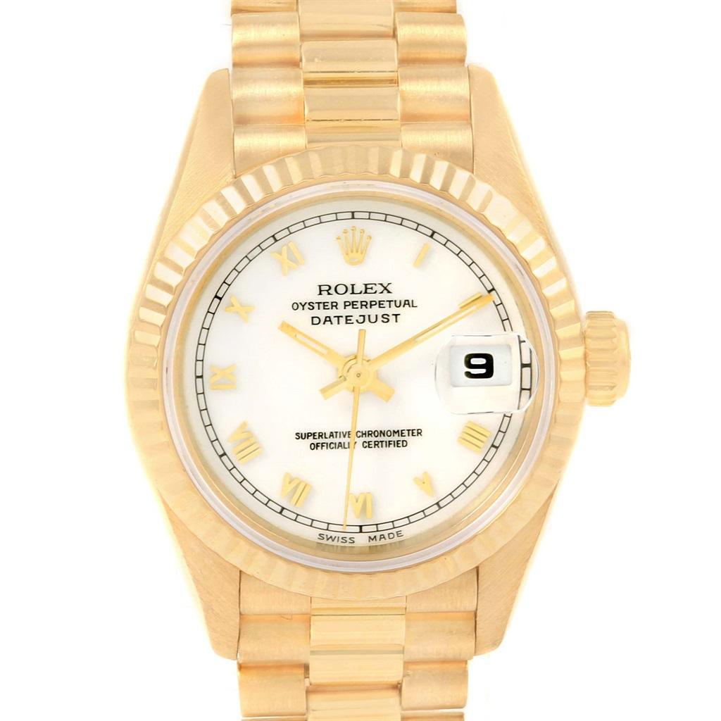 Rolex President Datejust Yellow Gold White Roman Dial Ladies Watch 69178 In Good Condition For Sale In Atlanta, GA