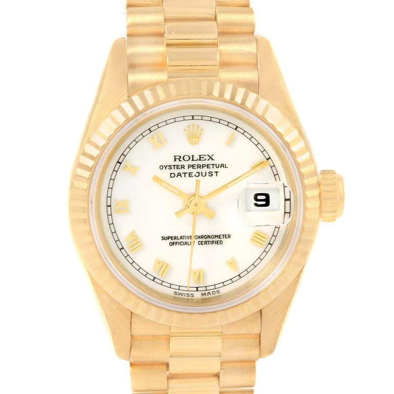 Rolex President Datejust Yellow Gold White Roman Dial Ladies Watch For Sale At 1stdibs