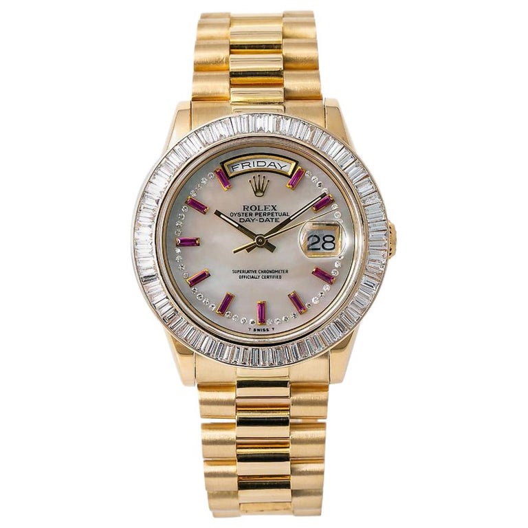 Rolex President Day Date 118208 P Serial Baguette Diamond Bezel Watch 18  Karat at 1stDibs | rolex baguette diamond bezel