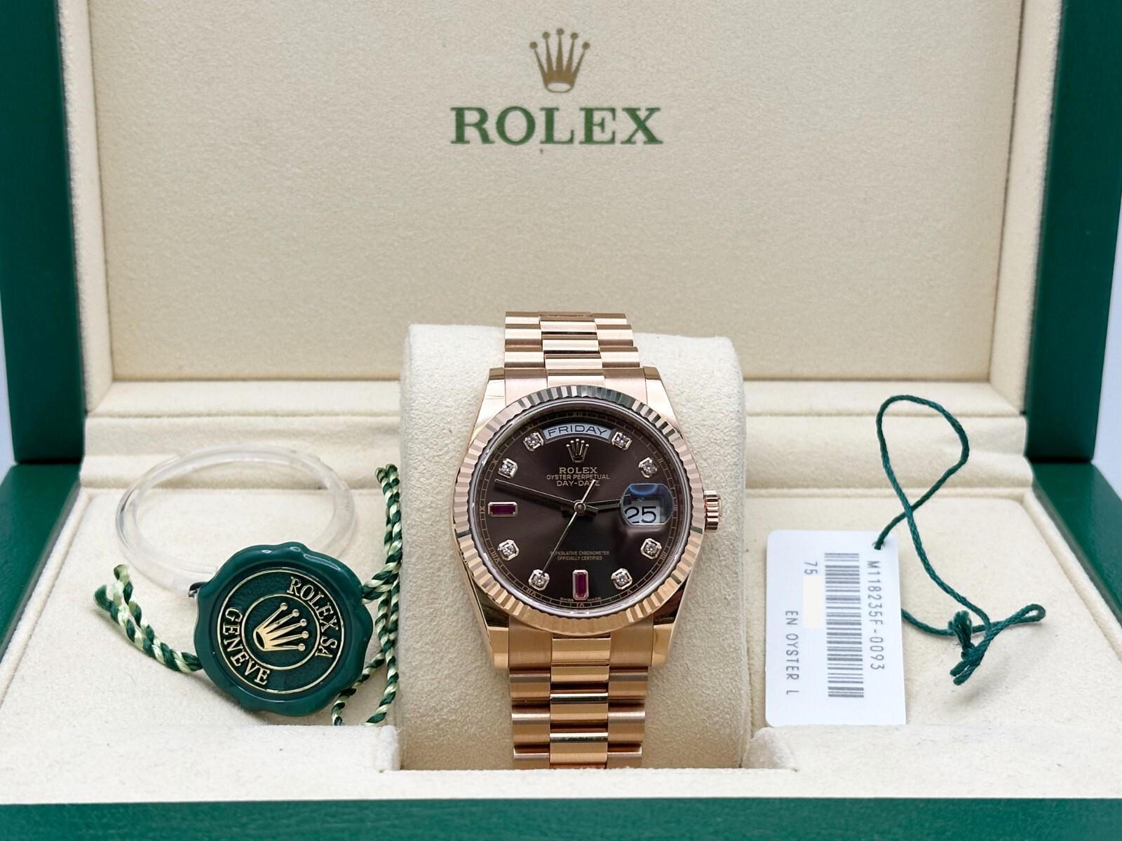 Rolex President Day Date 118235 Quadrante rubino con diamanti al cioccolato Oro rosa 18 carati 36 mm in vendita 6