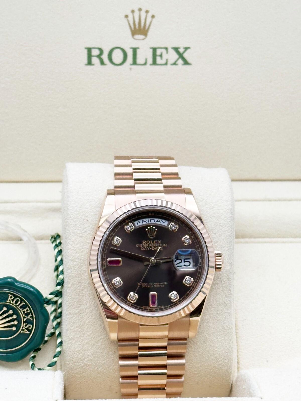 Rolex President Day Date 118235 Chocolate Diamond Ruby Dial 18K Rose Gold 36mm For Sale 3