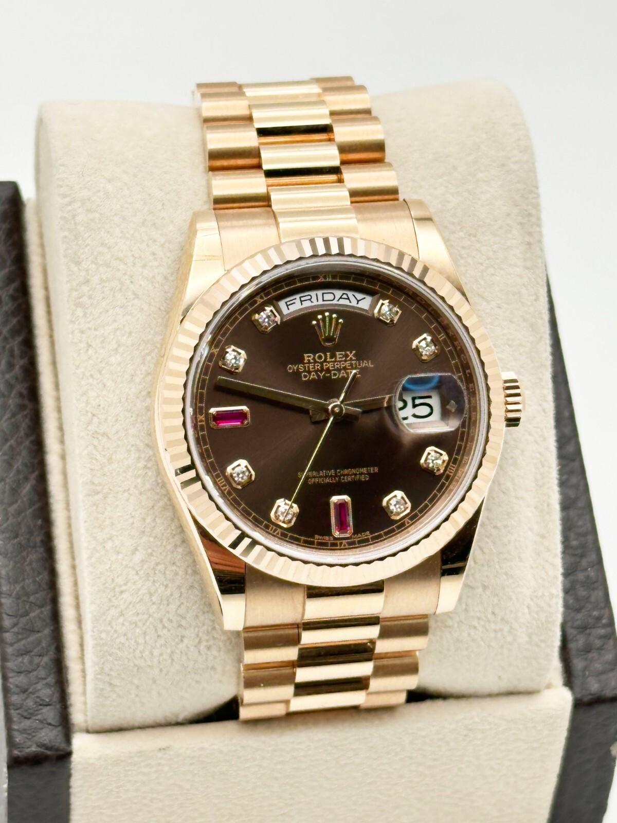 Rolex President Day Date 118235 Chocolate Diamond Ruby Dial 18K Rose Gold 36mm