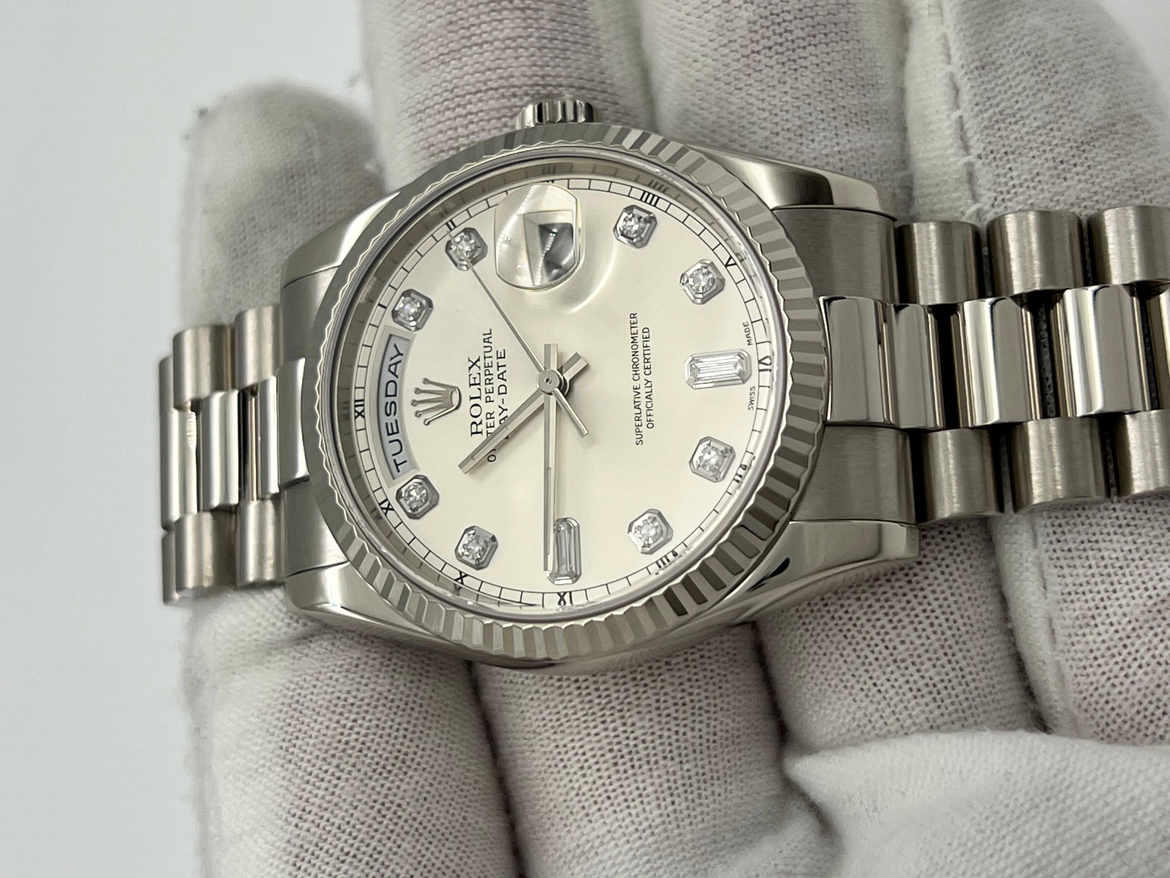 Rolex President Day Date 118239 36mm Factory Silver Diamond Dial 18K White Gold For Sale 7