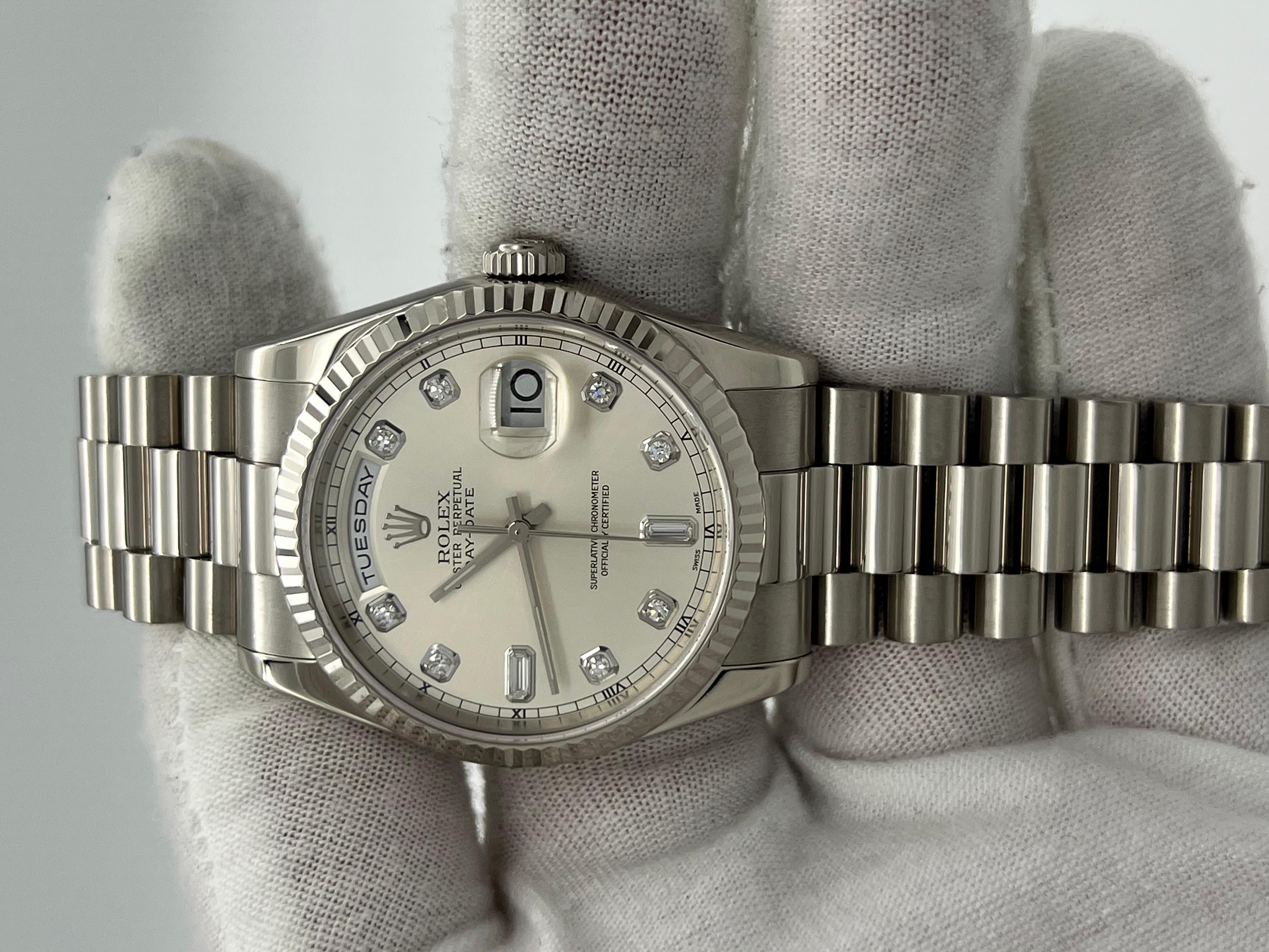 Style Number: 118239 



Serial: K895***



Year: 2001

 

Model: Rolex President Day Date 

 

Case Material: 18K White Gold 

 

Band: 18K White Gold 

 

Bezel: 18K White Gold 

 

Dial: Factory Original Silver Diamond Dial

 

Face: Sapphire
