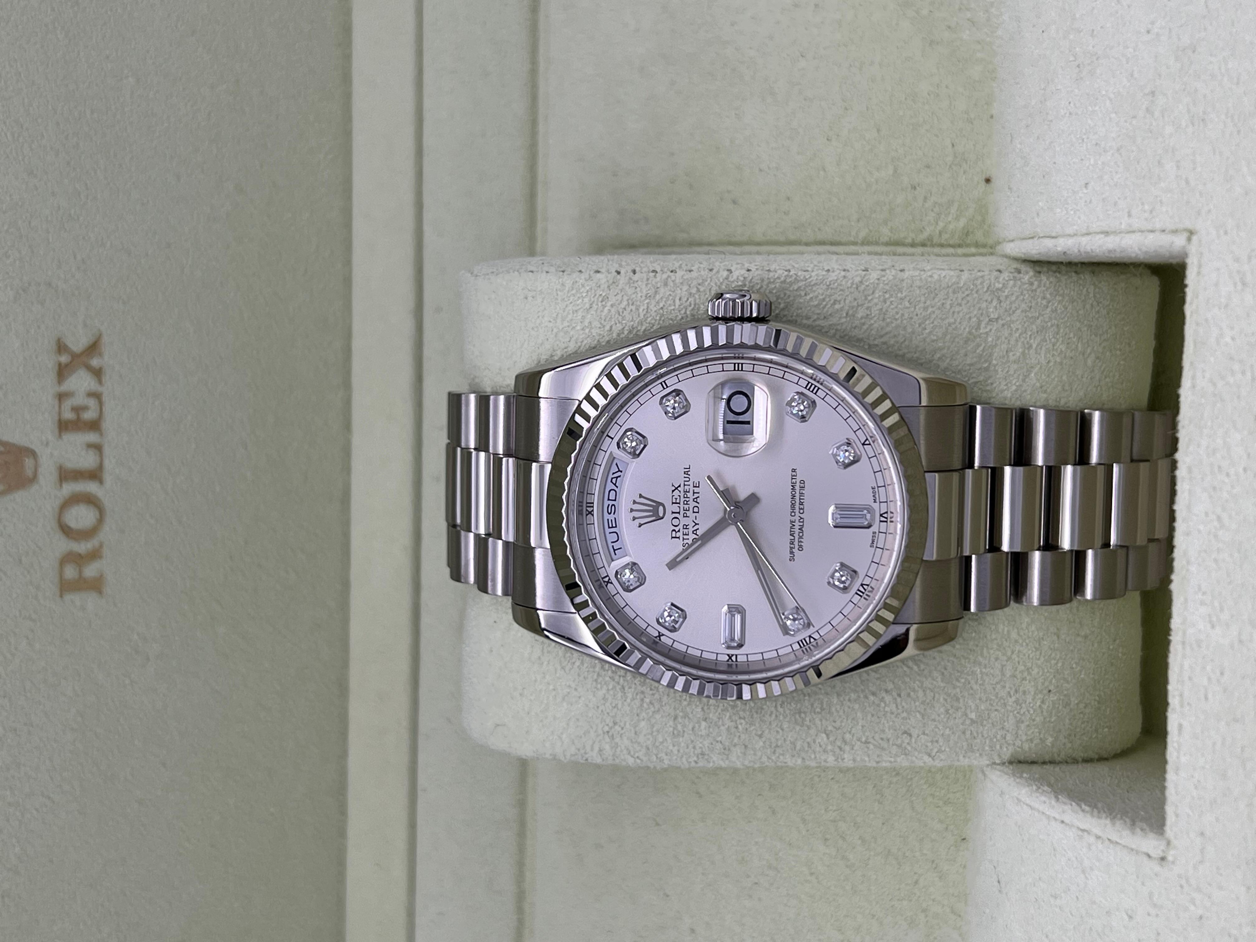 Rolex President Day Date 118239 36mm Factory Silver Diamond Dial 18K White Gold In Excellent Condition For Sale In San Diego, CA