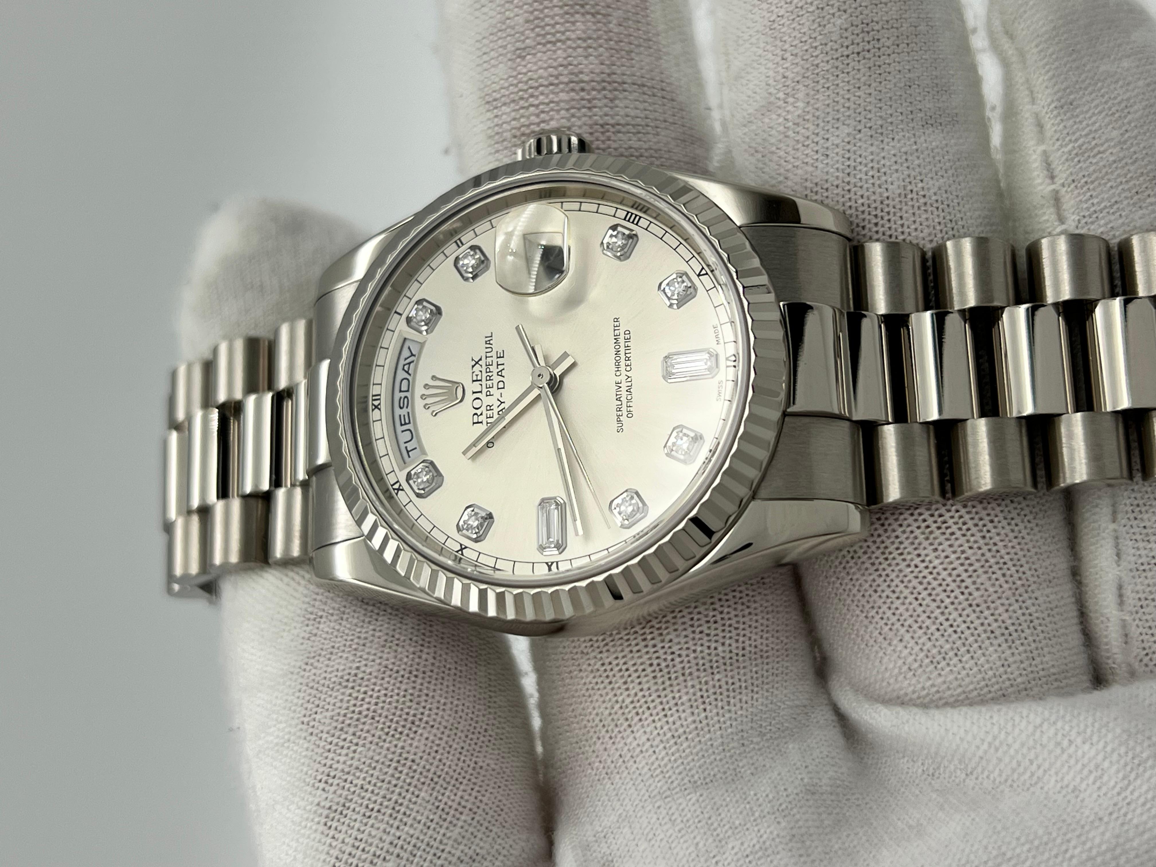 Women's or Men's Rolex President Day Date 118239 36mm Factory Silver Diamond Dial 18K White Gold For Sale