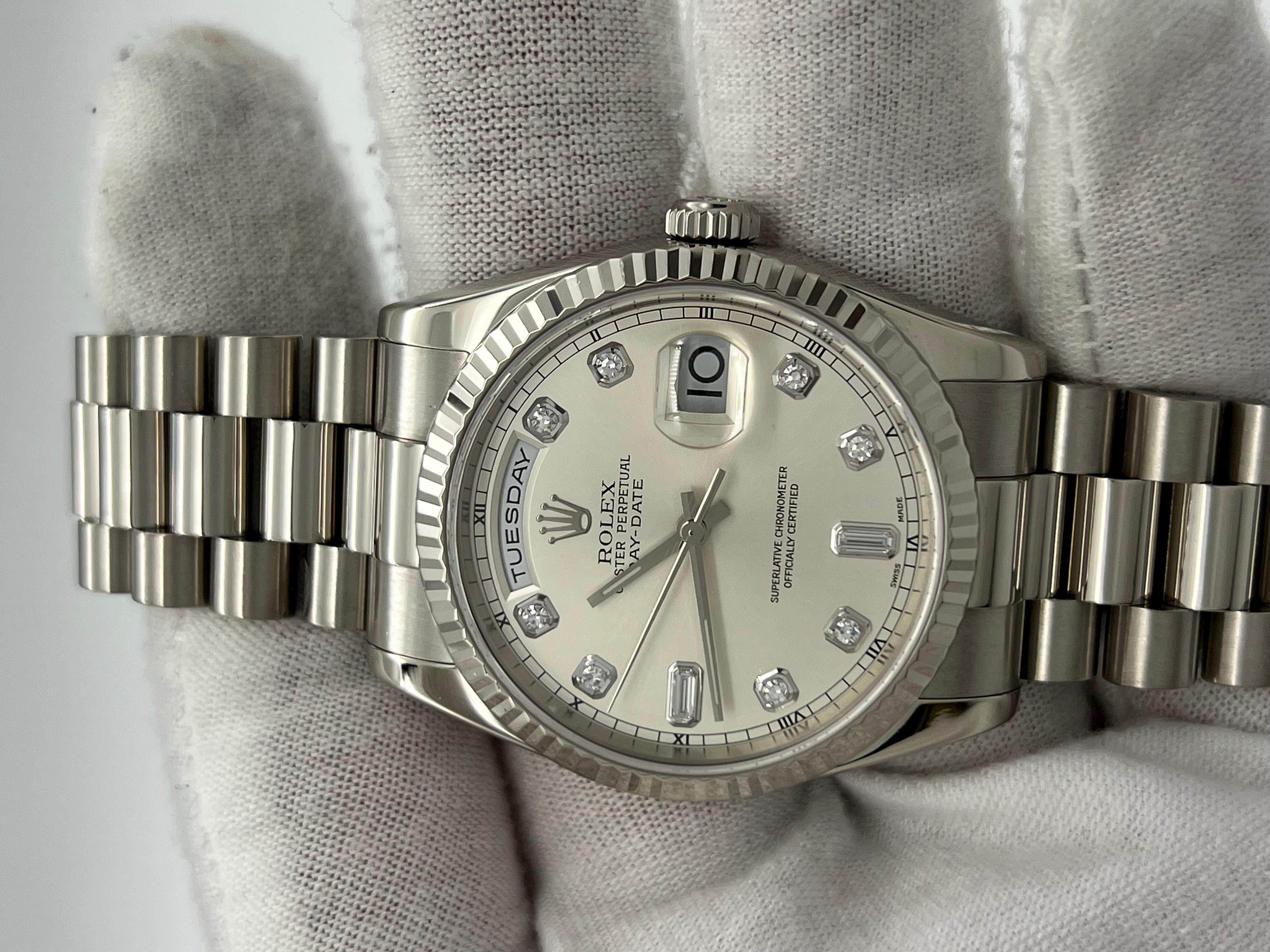 Rolex President Day Date 118239 36mm Factory Silver Diamond Dial 18K White Gold For Sale 1