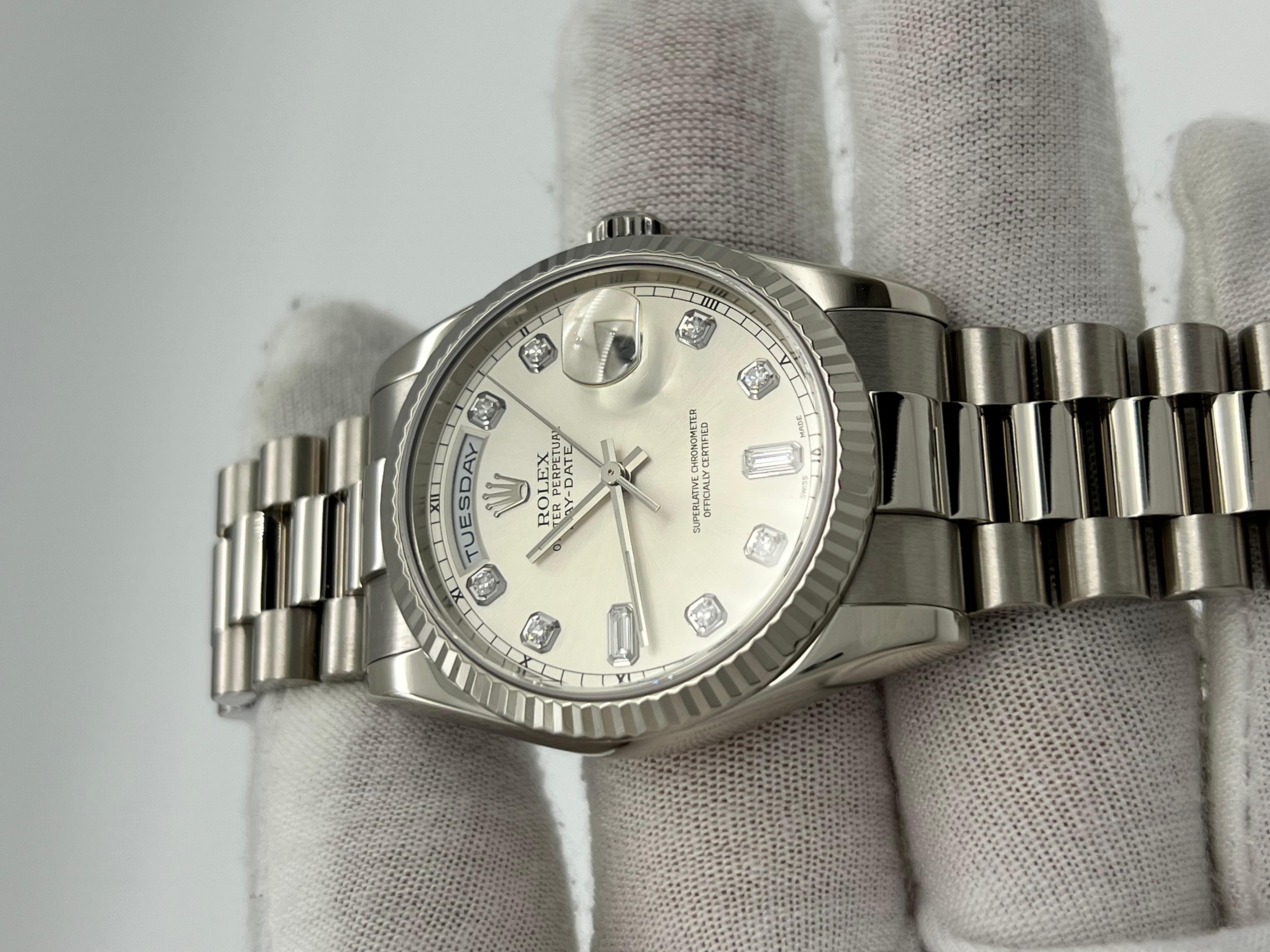Rolex President Day Date 118239 36mm Factory Silver Diamond Dial 18K White Gold For Sale 2
