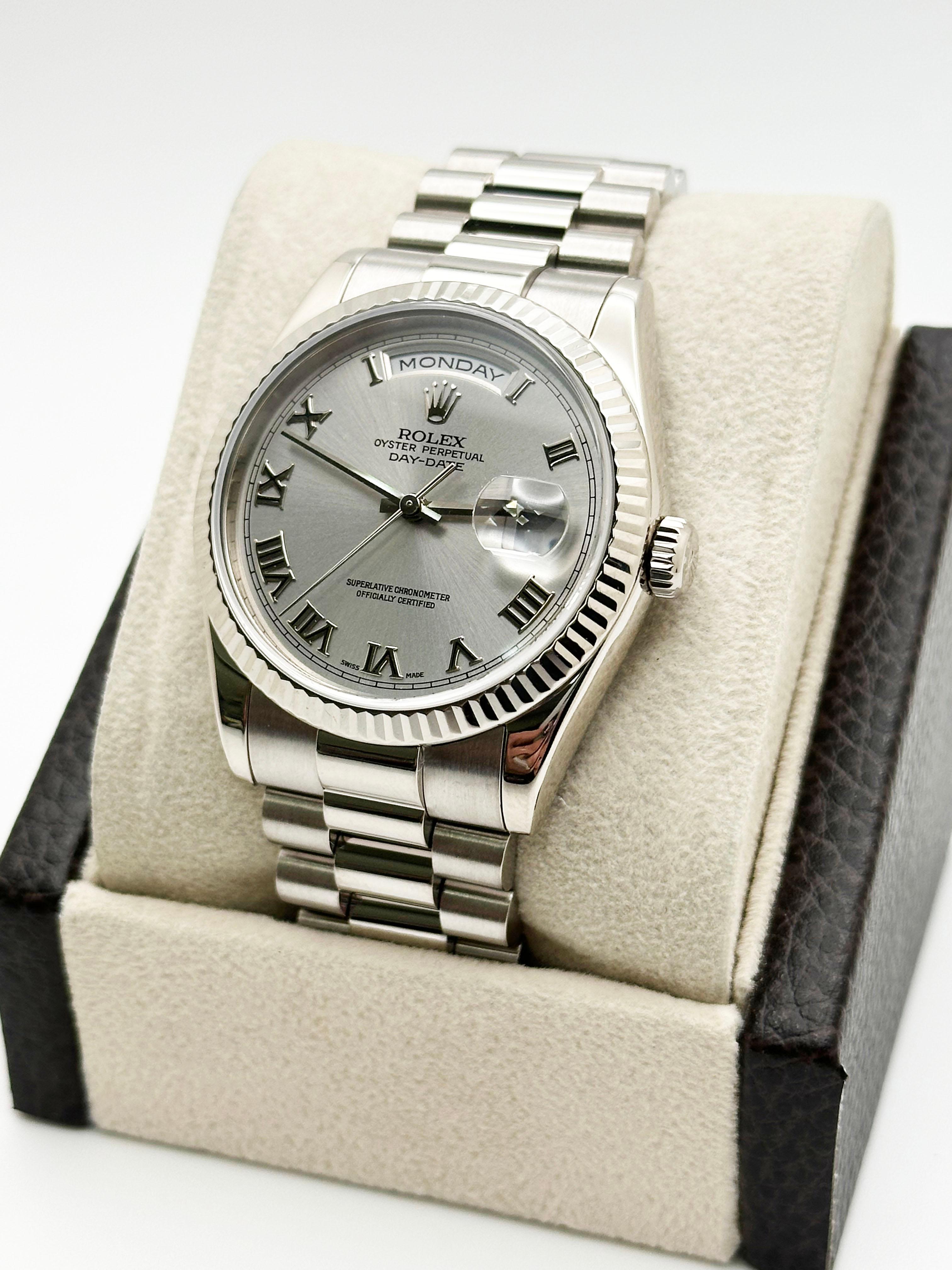 Rolex President Day Date 118239 Silver Roman Dial 18K White Gold Box Booklet In Excellent Condition For Sale In San Diego, CA