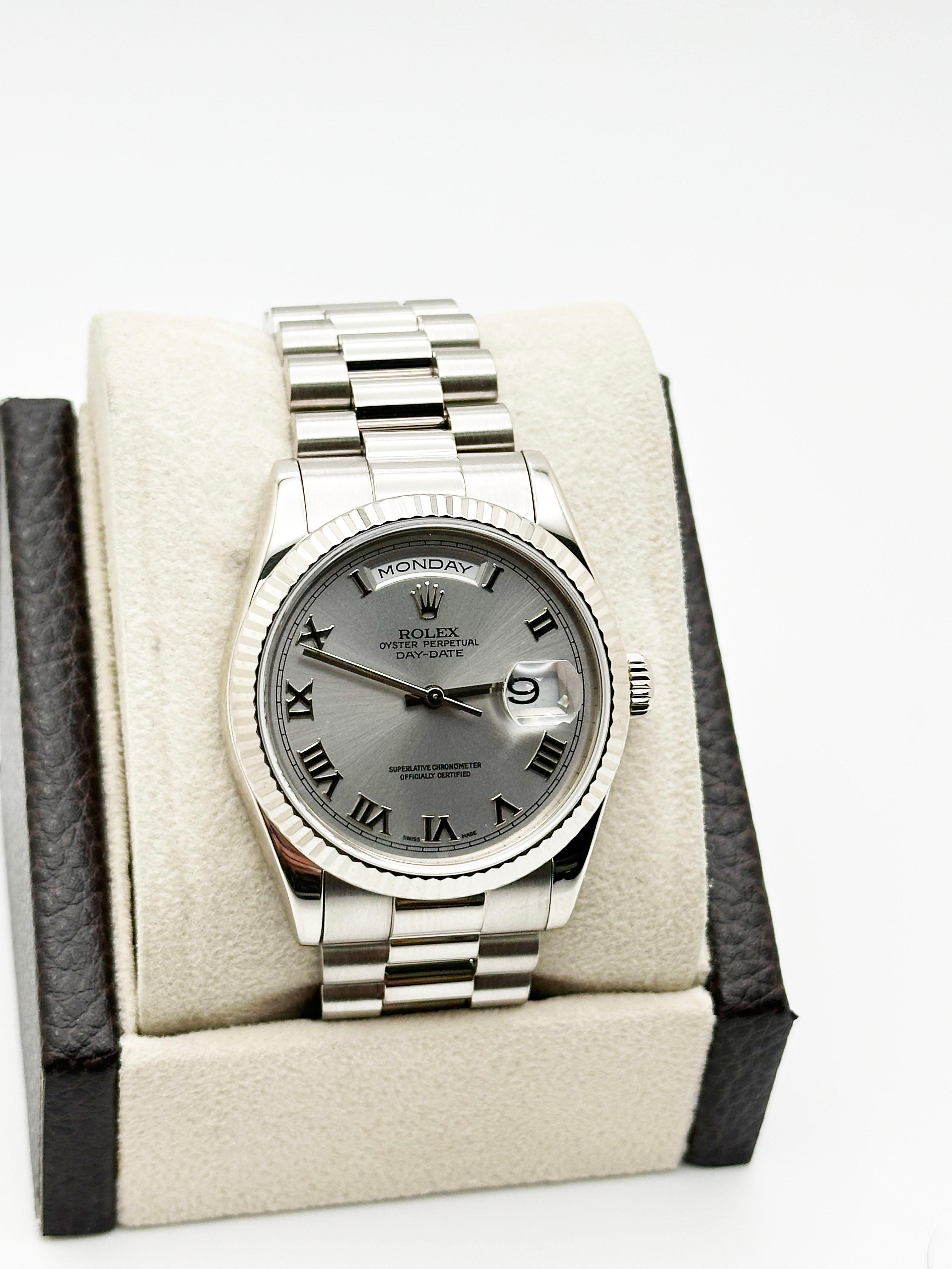 Men's Rolex President Day Date 118239 Silver Roman Dial 18K White Gold Box Booklet For Sale