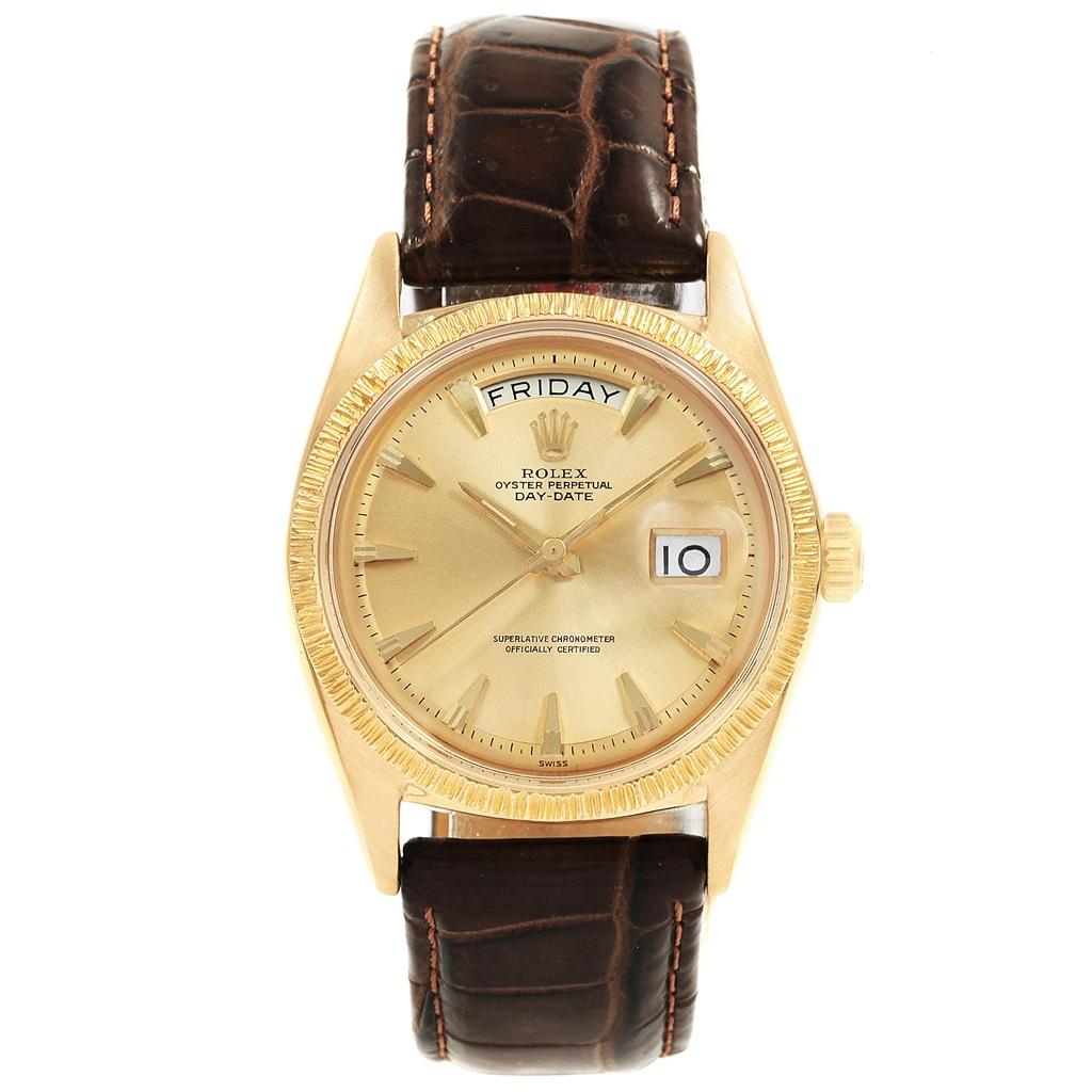 Rolex President Day-Date 18 Karat Yellow Gold Brown Strap Men's Watch 1807 In Good Condition For Sale In Atlanta, GA