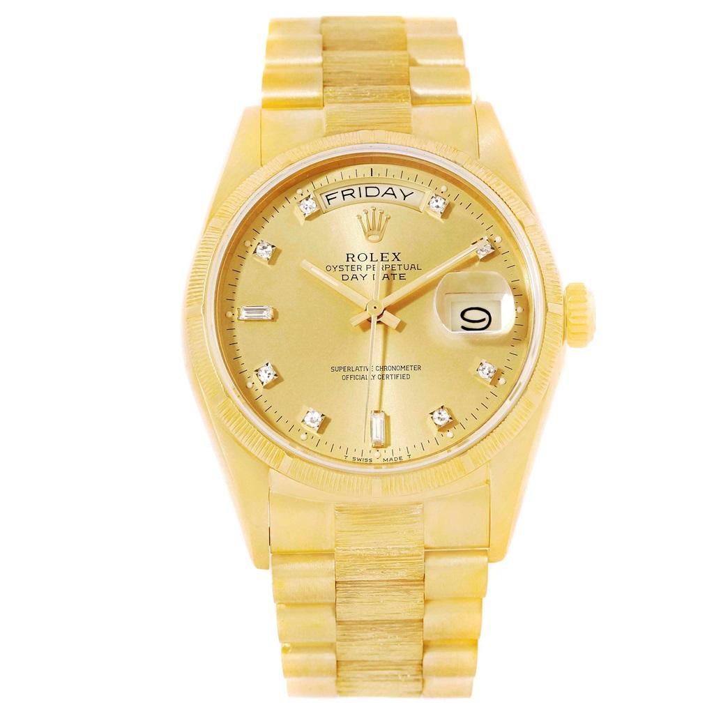 Rolex President Day-Date 18k Yellow Gold Diamond Dial Mens Watch 18078. Officially certified chronometer self-winding movement with quickset date function. 18k yellow gold oyster case 36.0 mm in diameter. Rolex logo on a crown. 18k yellow gold bark