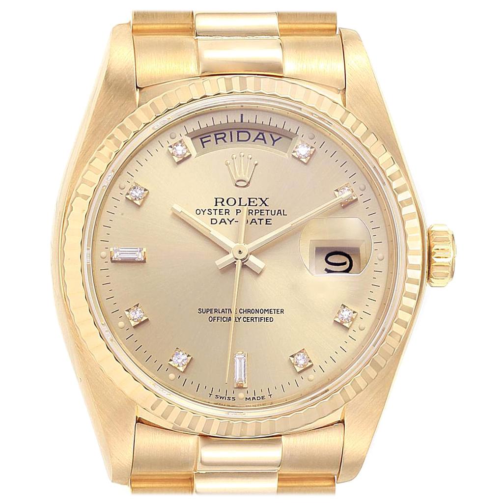 Rolex President Day Date 18 Karat Yellow Gold Diamond Men's Watch 18038 For Sale