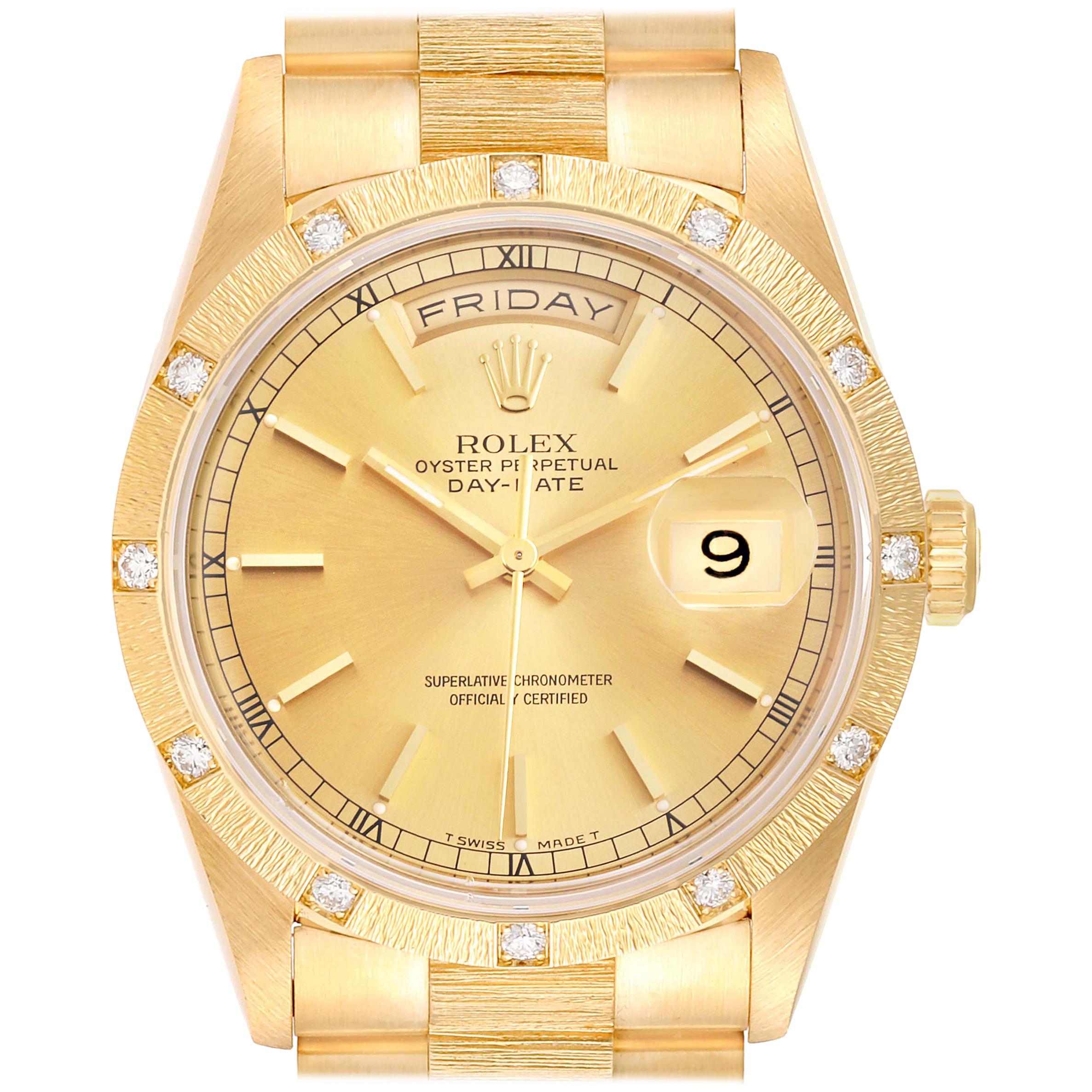 Rolex President Day-Date 18 Karat Yellow Gold Diamond Men's Watch 18308 For Sale