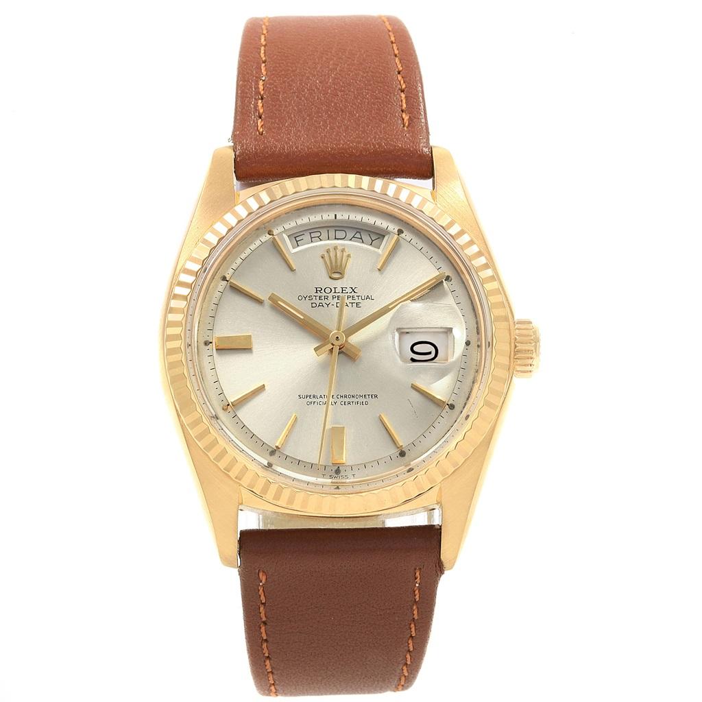 Rolex President Day-Date 18K Yellow Gold Vintage Mens Watch 1803. Officially certified chronometer automatic self-winding movement. 18k yellow gold oyster case 36.0 mm in diameter. Rolex logo on a crown. 18k yellow gold fluted bezel. Scratch