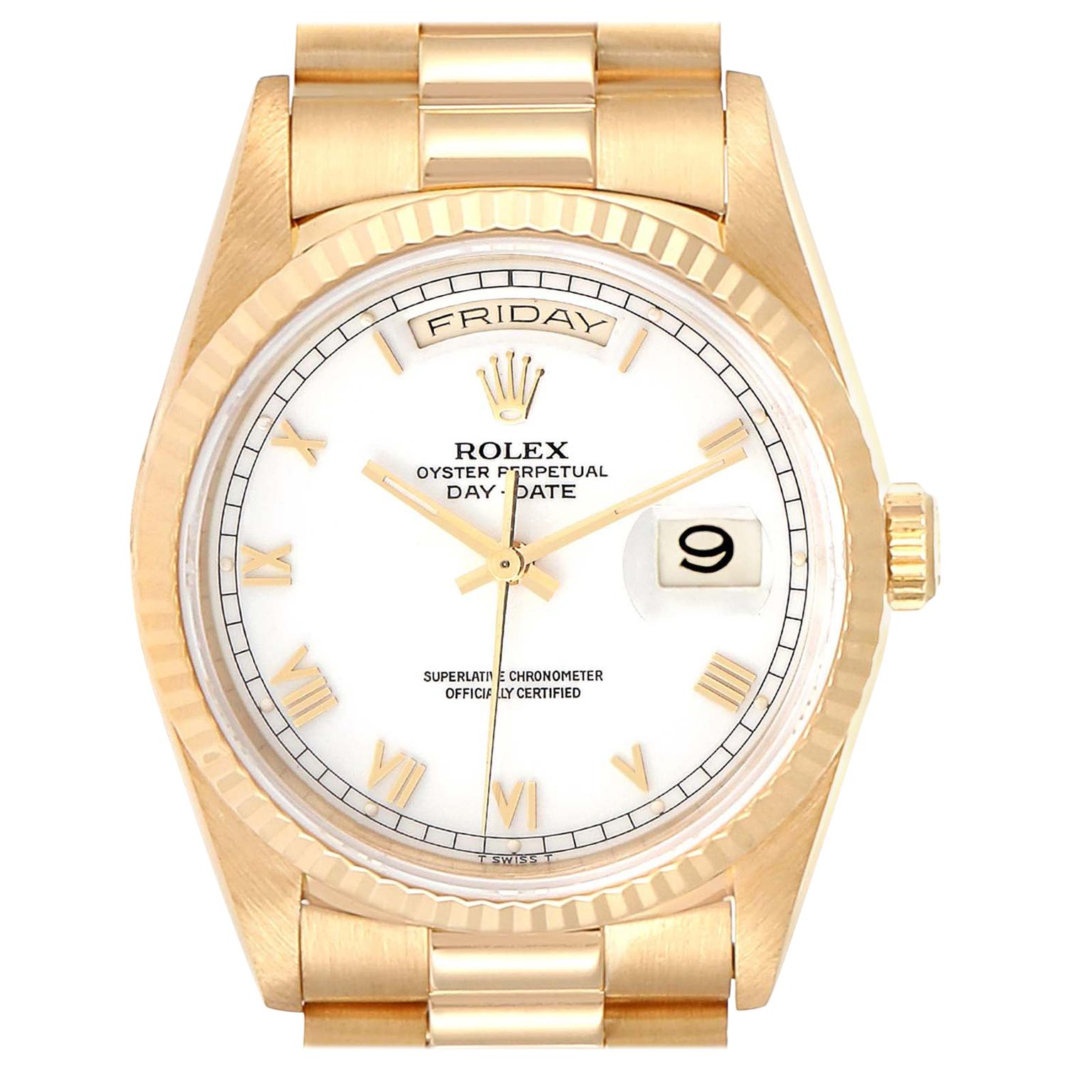 Rolex President Day-Date 18 Karat Yellow Gold White Dial Men's Watch 18238 For Sale
