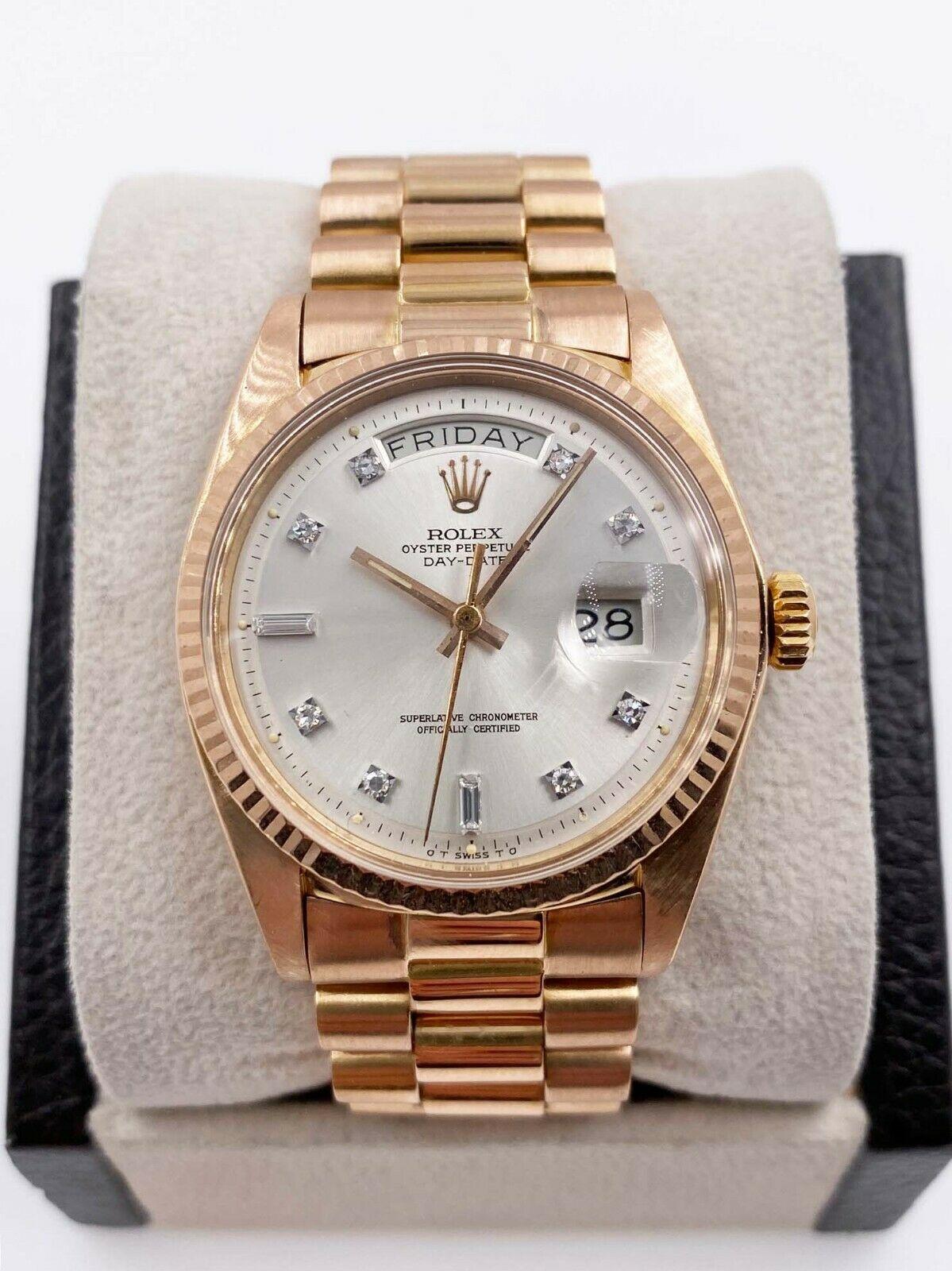 Style Number: 1803
Serial: 3870***
Model: President Day Date 
Case Material: 18K Rose Gold
Band: 18K Rose Gold
Bezel:  18K Rose Gold
Dial: Silver Diamond Dial 
Face: Acrylic 
Case Size: 36mm
Includes: 
-Elegant Watch Box
-Certified Appraisal 
-1