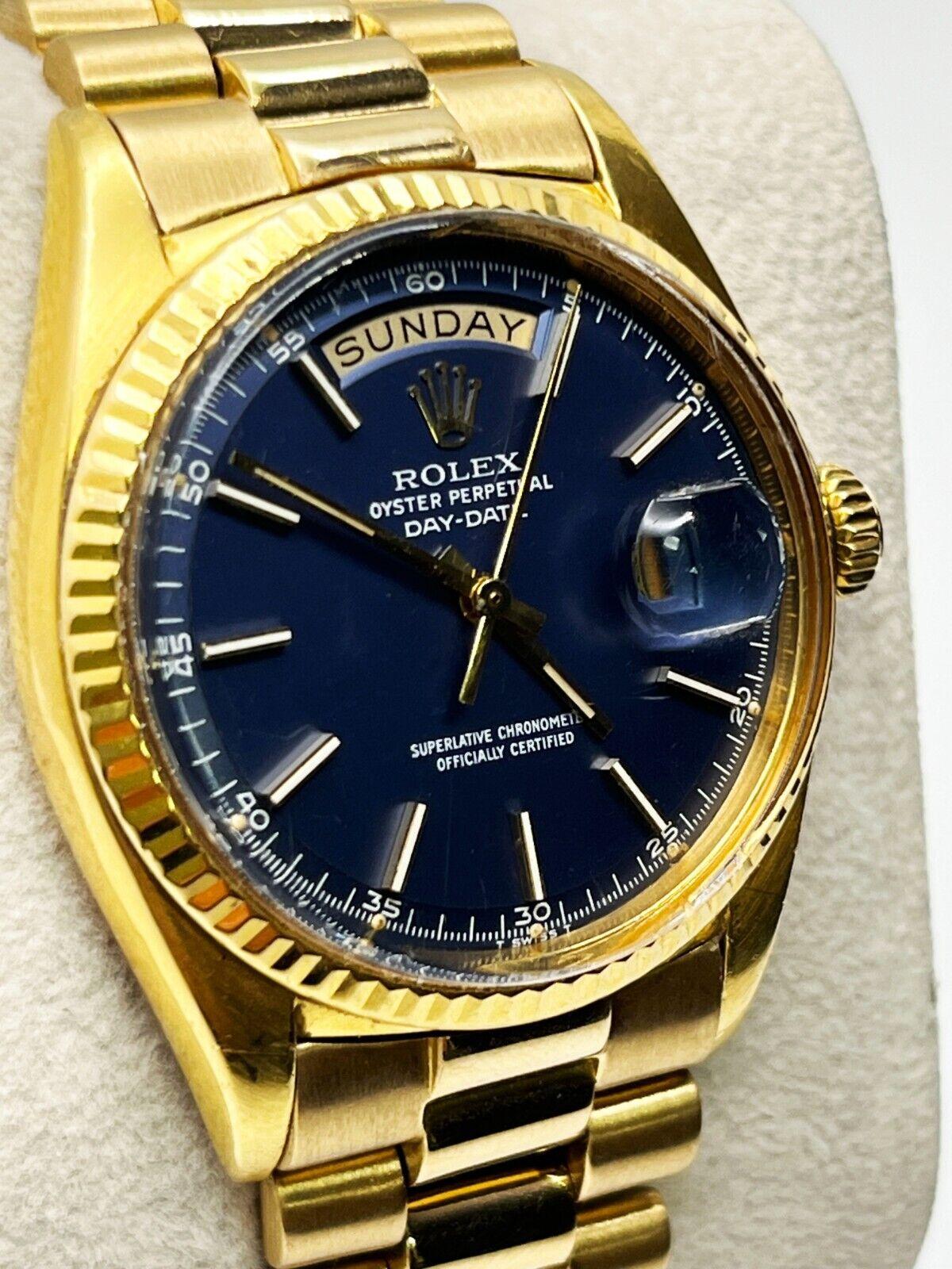 Rolex Montre President Day Date 1803 en or jaune 18 carats avec cadran rare bleu piqué Bon état - En vente à San Diego, CA