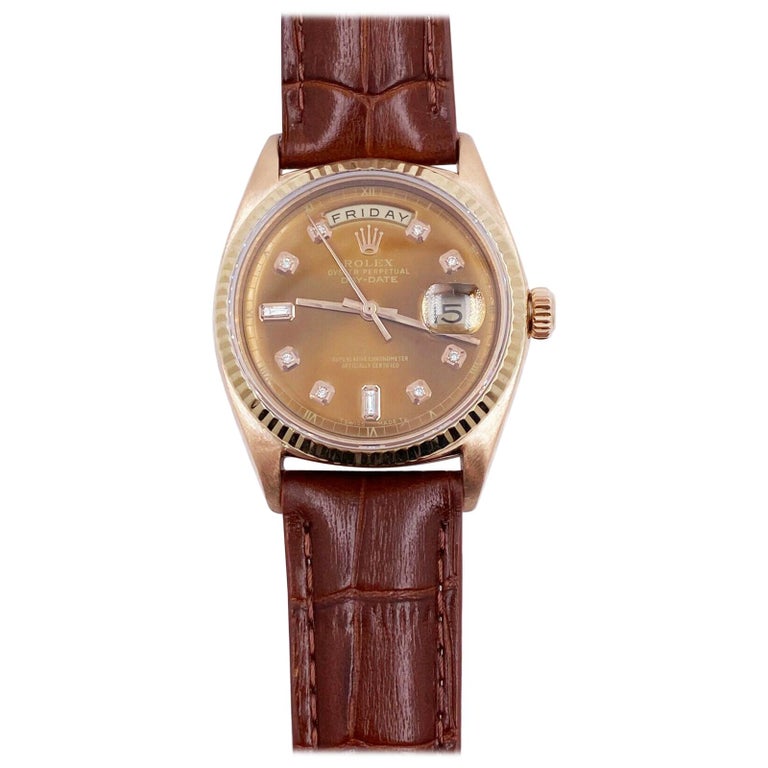 Rolex President Day Date 1803 Chocolate Diamond Dial 18 Karat Gold Leather  Strap For Sale at 1stDibs