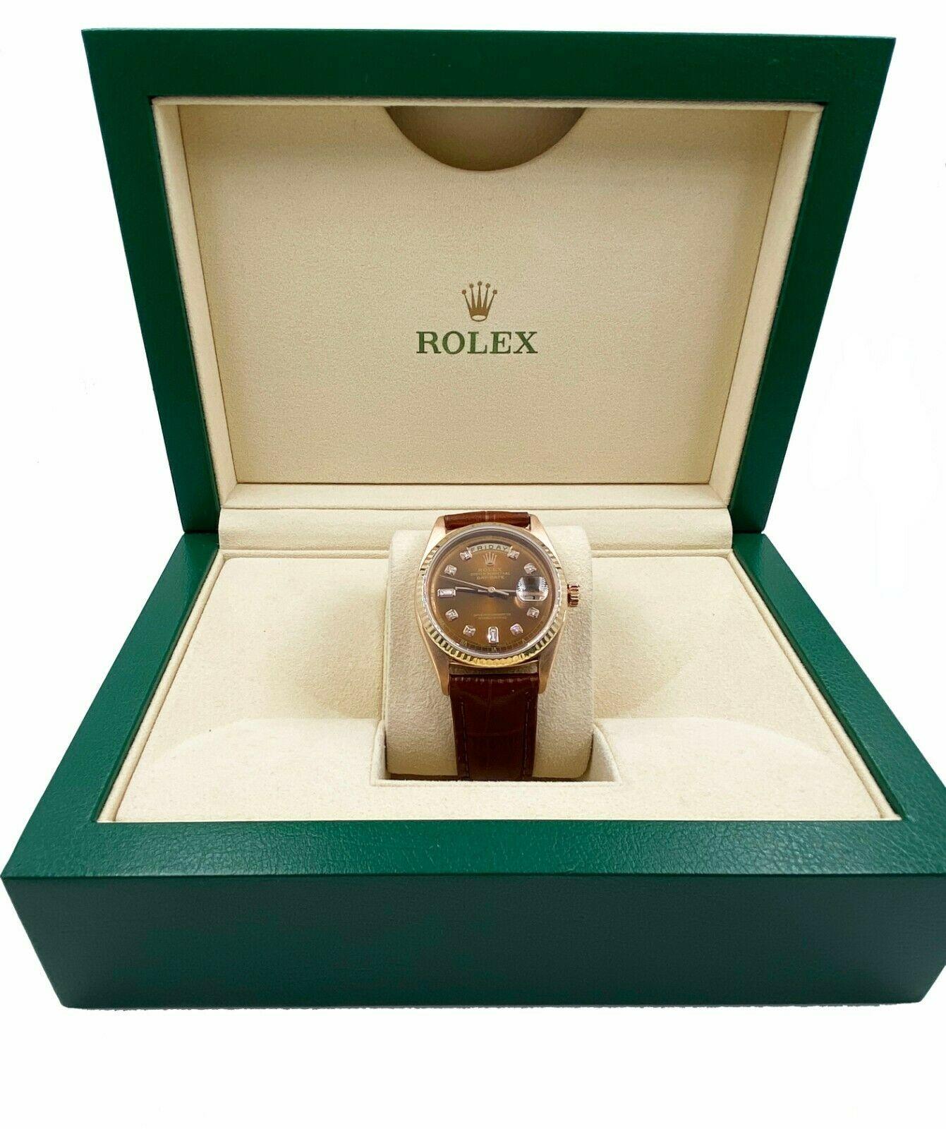 Rolex President Day Date 1803 Schokolade Diamant Zifferblatt 18 Karat Gold Lederriemen im Angebot 1