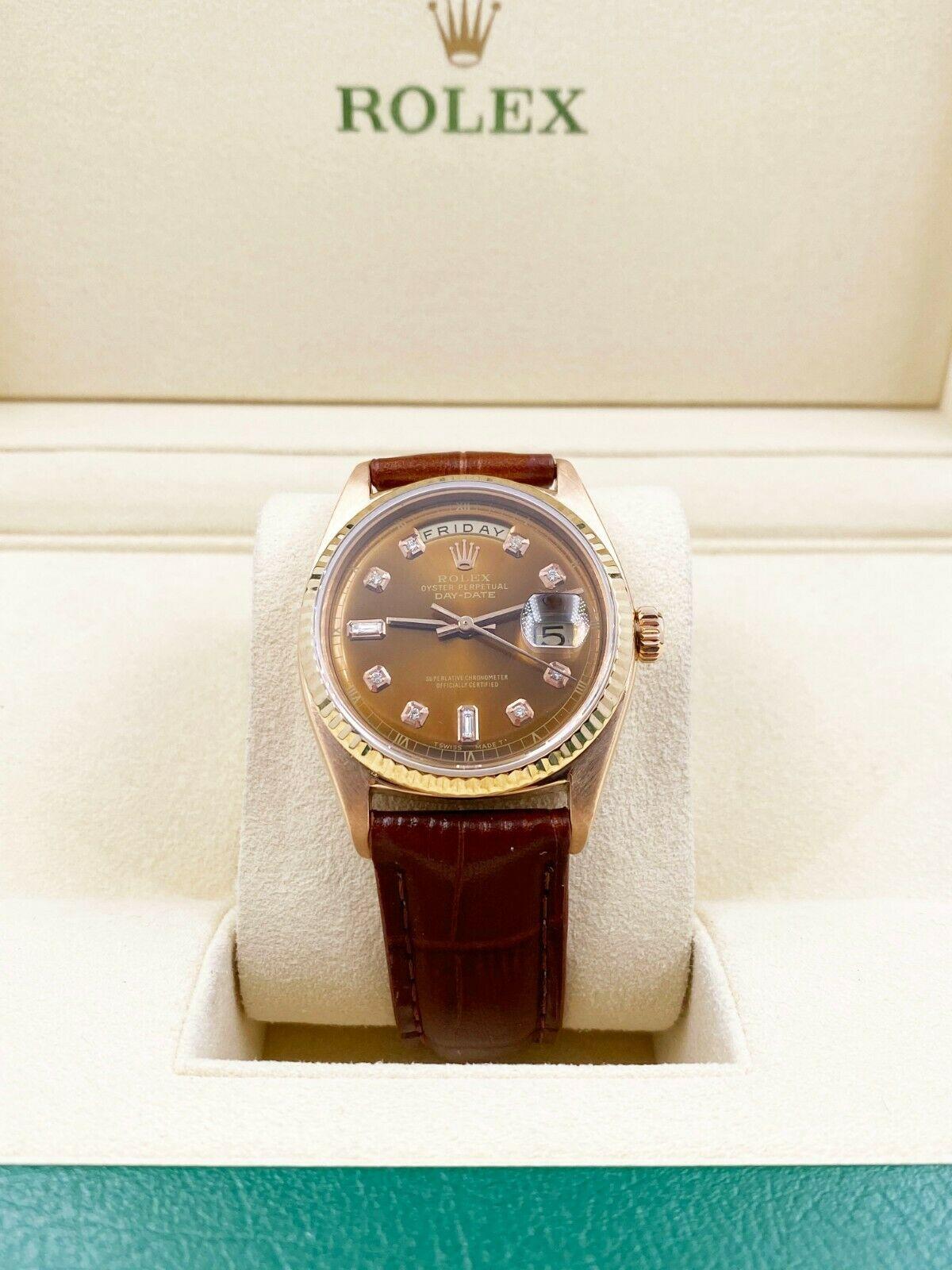 Rolex President Day Date 1803 Chocolate Diamond Dial 18 Karat Gold Leather Strap In Excellent Condition For Sale In San Diego, CA