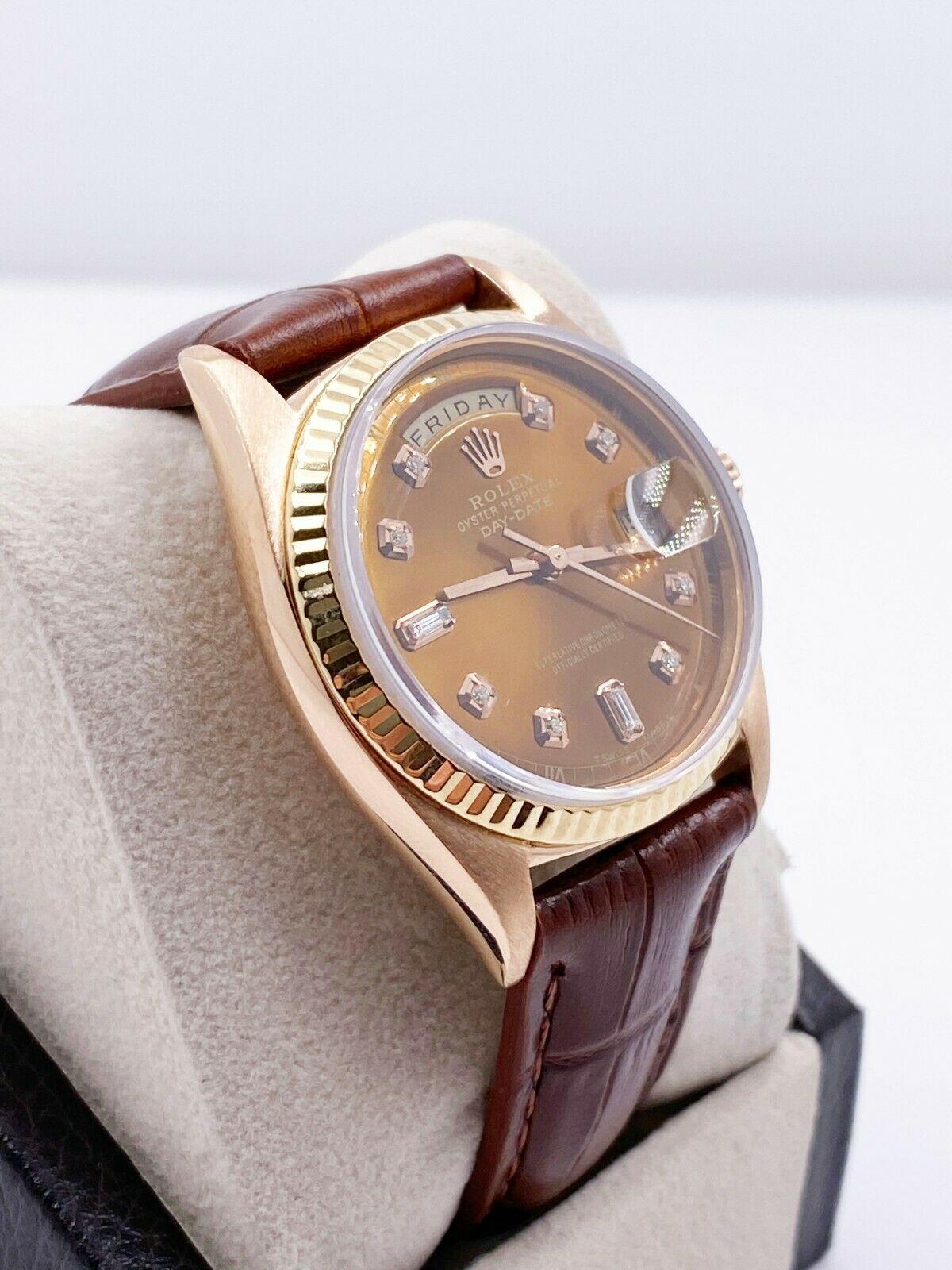 Rolex President Day Date 1803 Chocolate Diamond Dial 18 Karat Gold Leather Strap For Sale 1