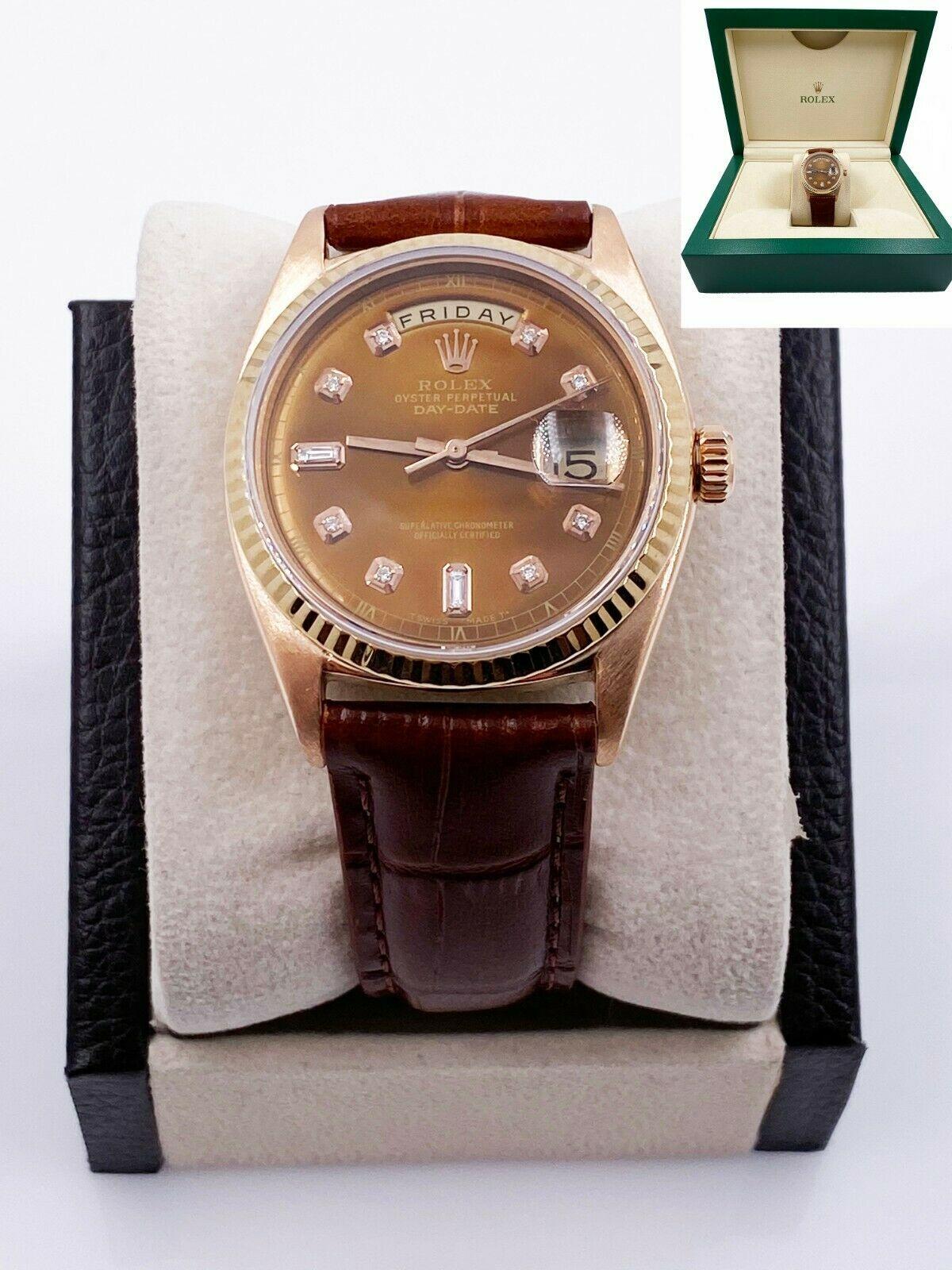 Rolex President Day Date 1803 Chocolate Diamond Dial 18 Karat Gold Leather Strap For Sale 2