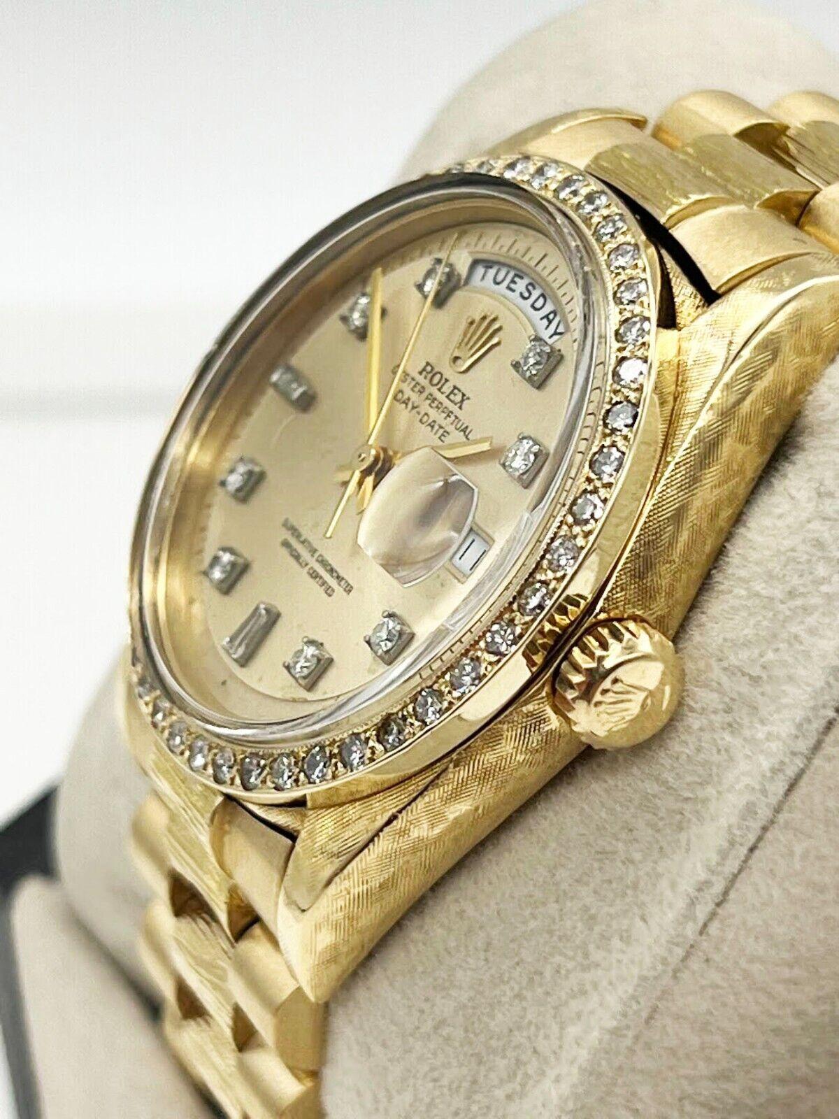 Rolex President Day Date 1803 Diamant-Zifferblatt Diamant-Lünette 18K Gelbgold Bark für Damen oder Herren