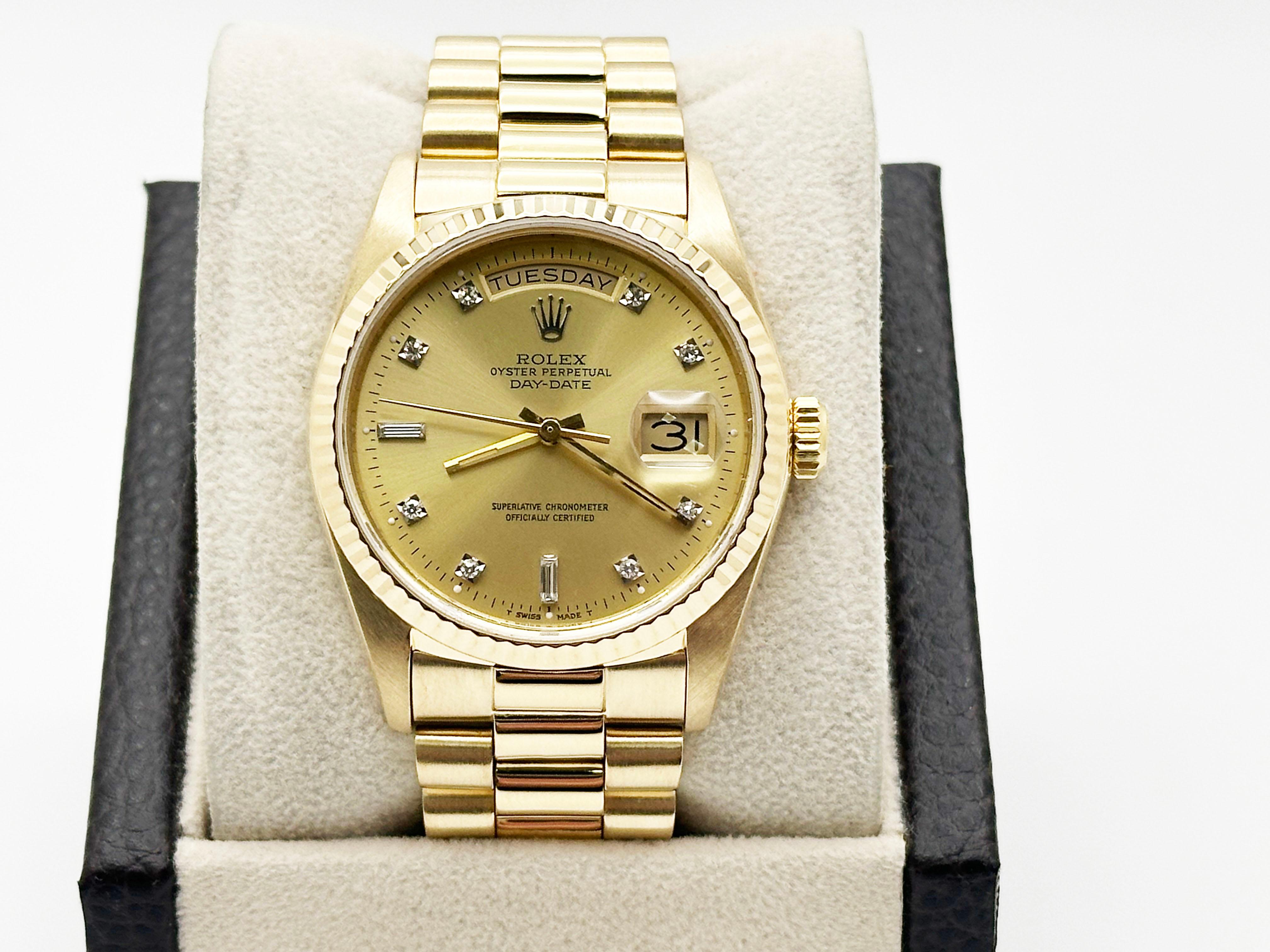 Rolex Präsident Day Date 18038 36mm Champagner Diamant-Zifferblatt 18K Gelbgold im Zustand „Hervorragend“ im Angebot in San Diego, CA