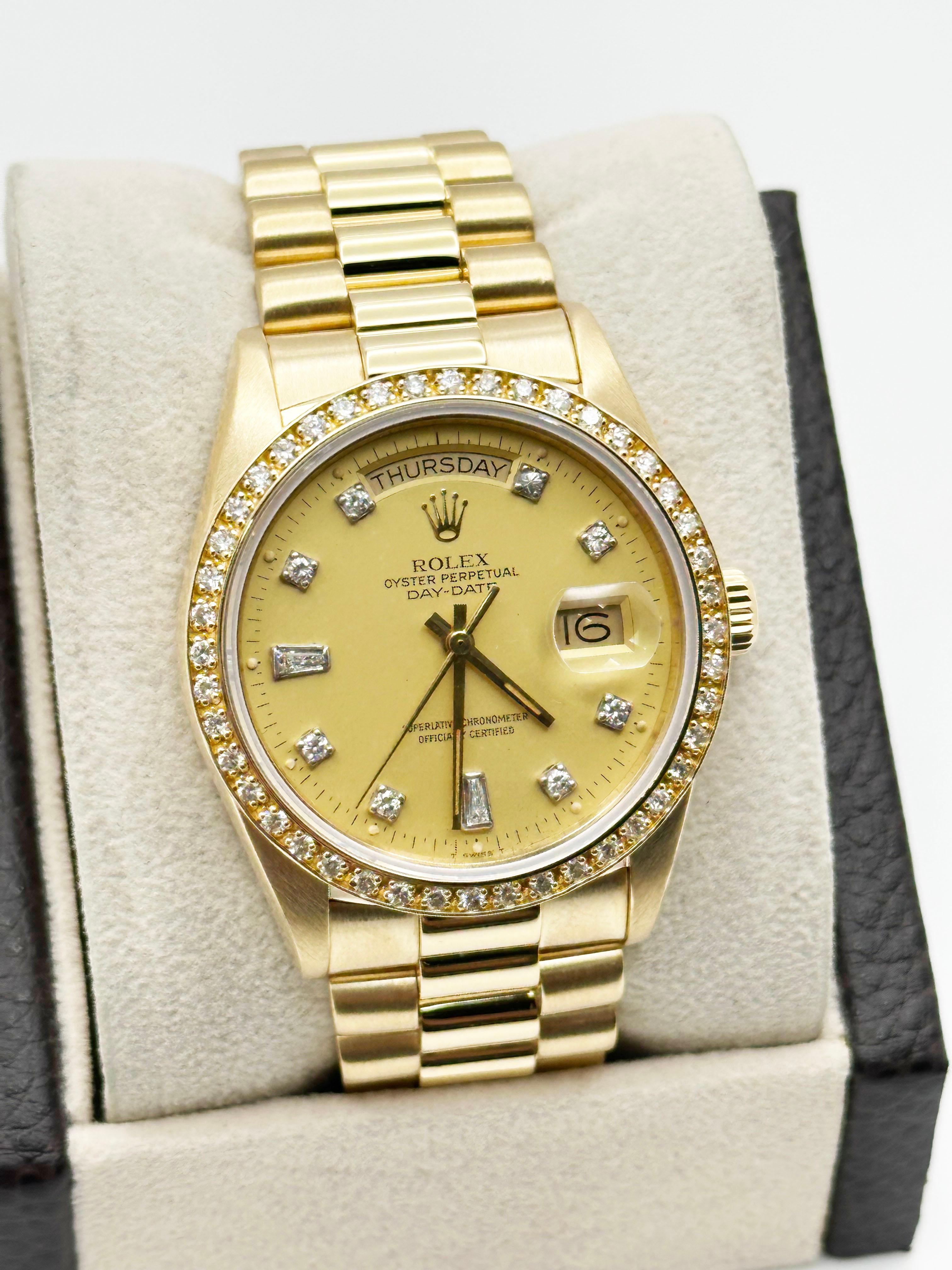 Rolex President Day Date 18038 36mm Diamond Dial Diamond Bezel 18K Yellow Gold In Excellent Condition For Sale In San Diego, CA
