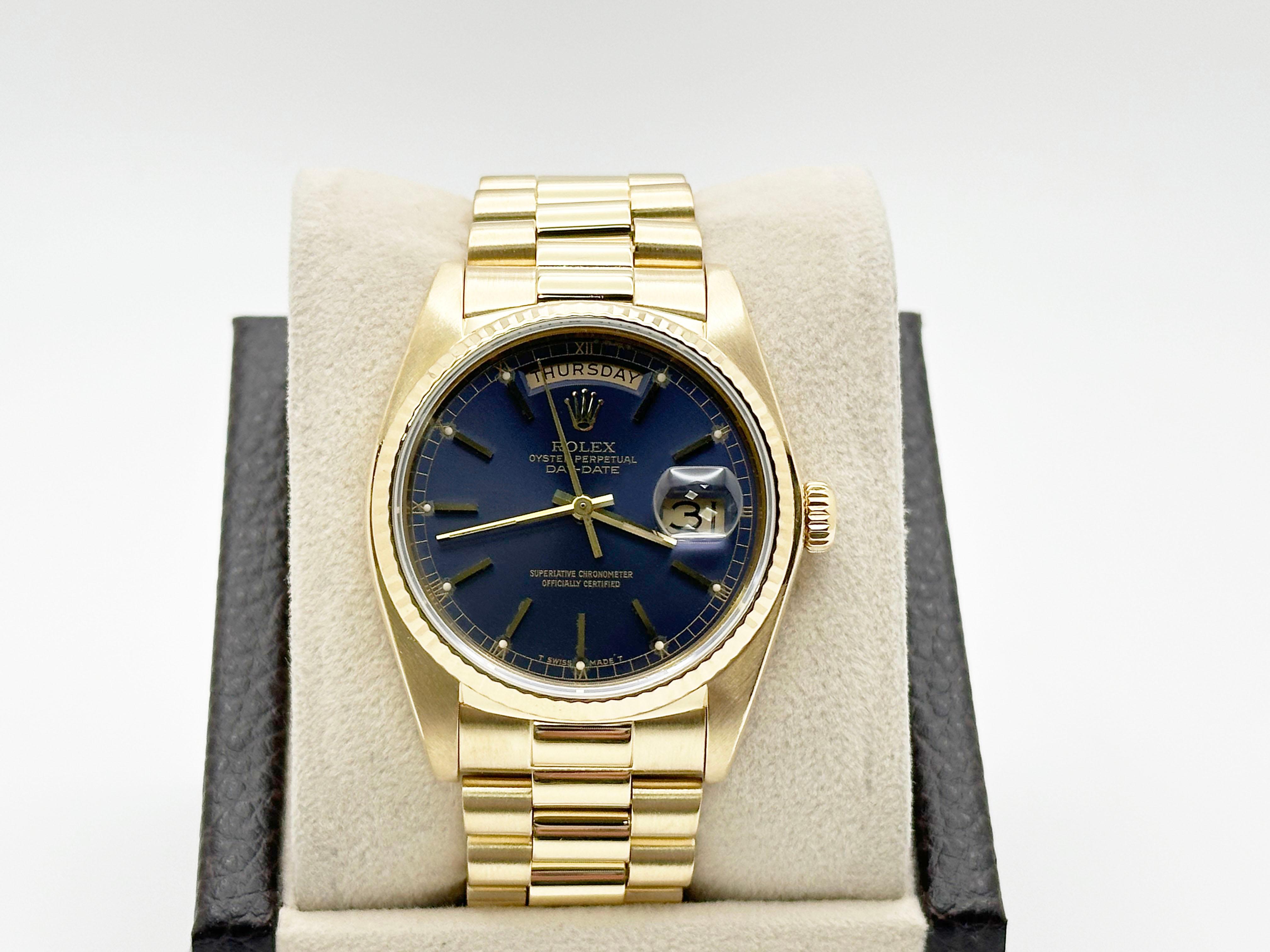 Style Number: 18038



Serial: 7610***



Year: 1983

 

Model: Rolex President Day Date 

 

Case Material: 18K Yellow Gold 

 

Band: 18K Yellow Gold 

  

Bezel: 18K Yellow Gold 

  

Dial: Factory Original Blue Dial 

 

Face: Sapphire Crystal